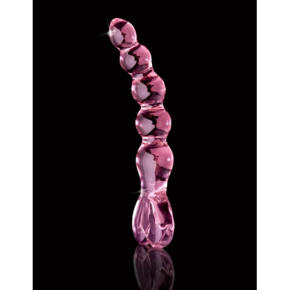 Ein rosa Glasobjekt mit kugelförmigen und geschwungenen Abschnitten.