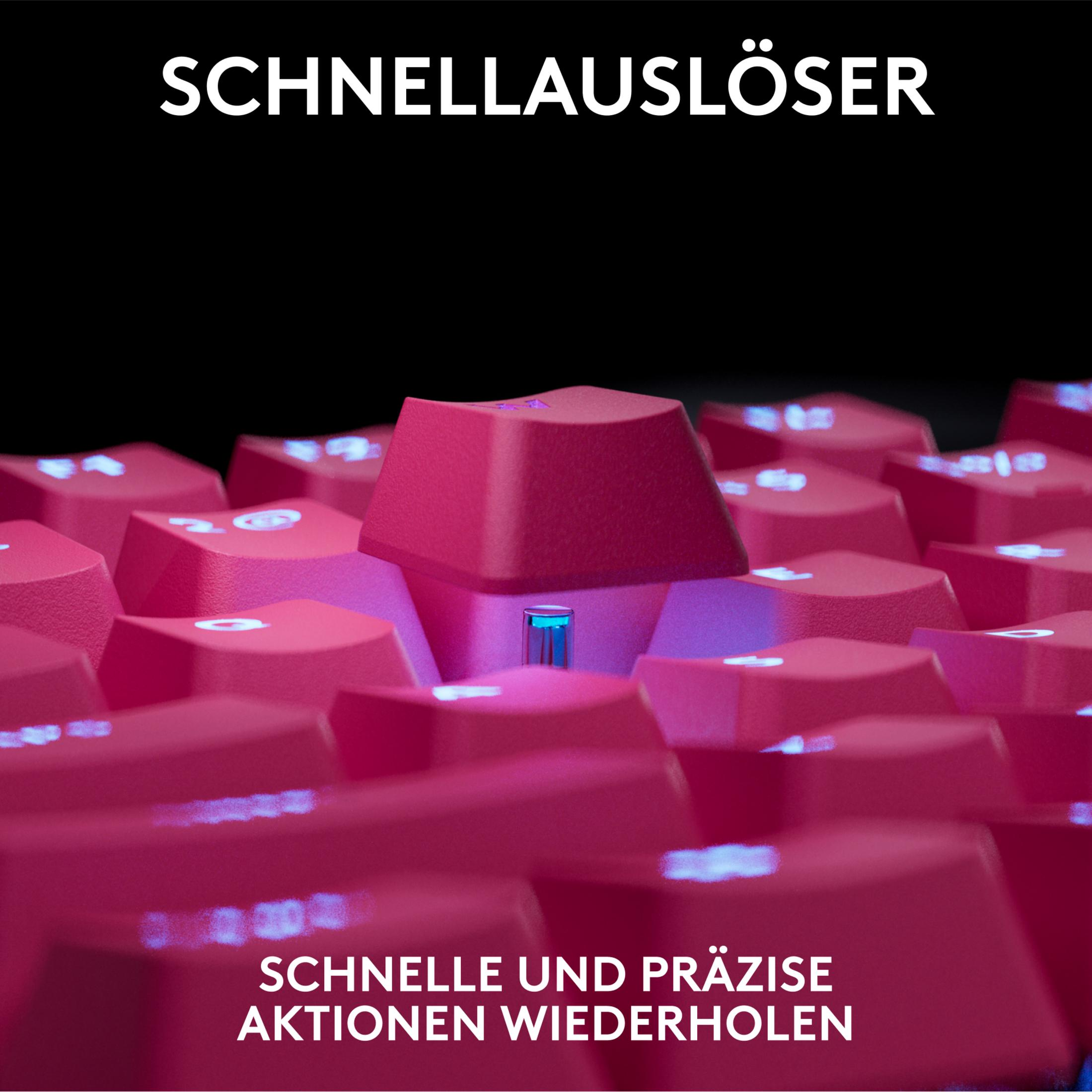 Nahaufnahme von roten Tastenkappen mit blauen Lichtern. Text: SCHNELL.