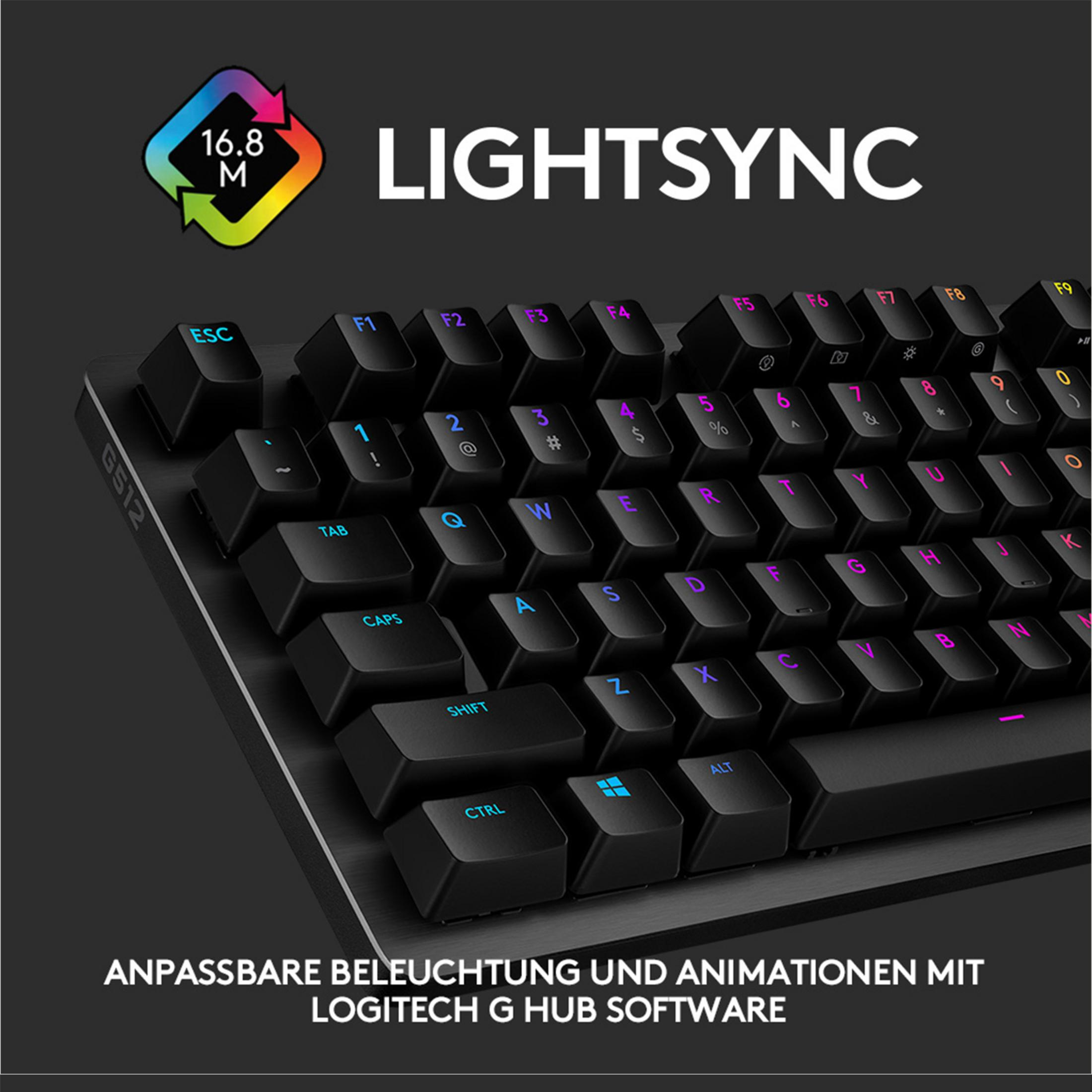 Tastiera nera con illuminazione RGB e logo "LIGHTSYNC". Testo sotto.