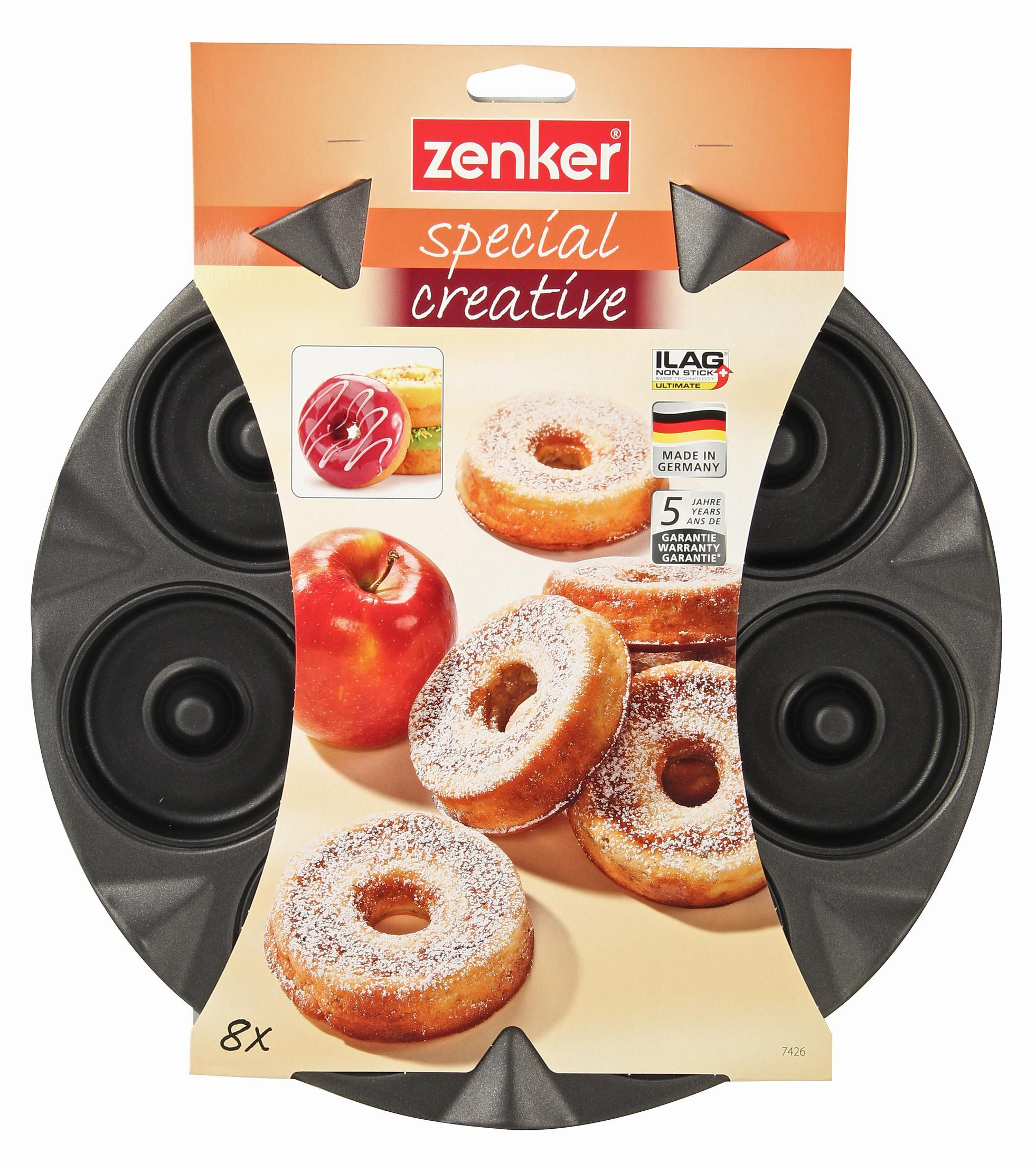 Zenker Donut-Backform mit 8 Mulden, mit abgebildeten Donuts und einem Apfel.