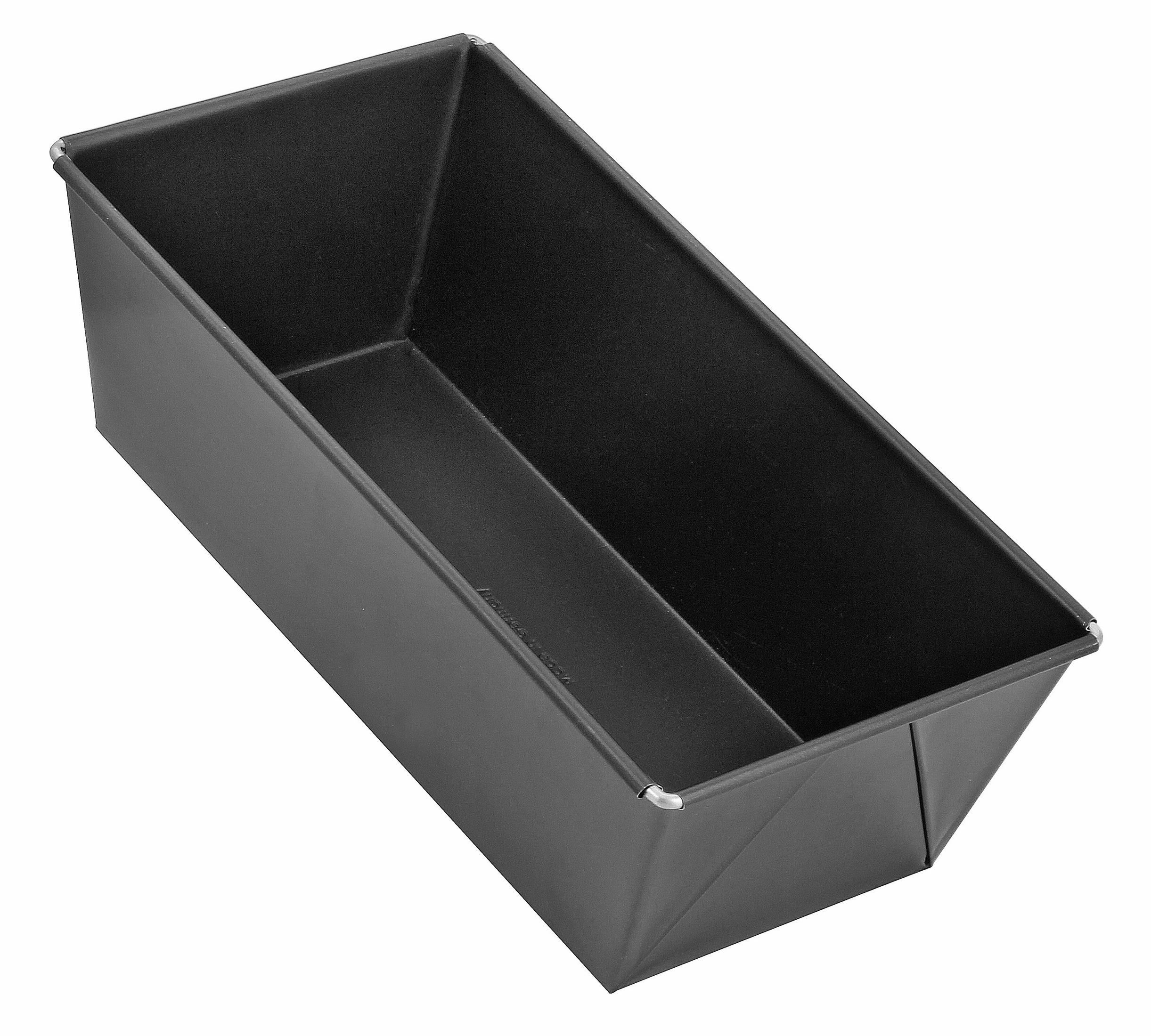 Eine schwarze, rechteckige Brotbackform aus Metall mit abgerundeten Ecken.