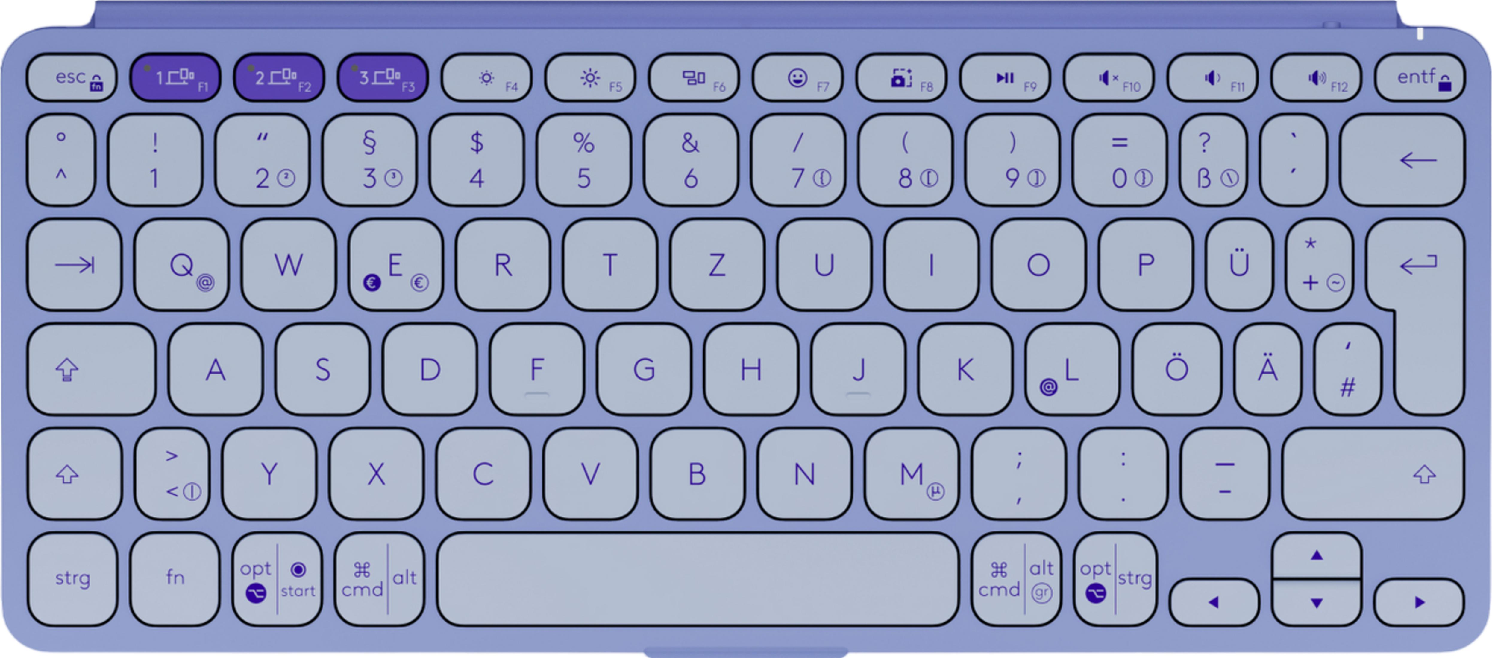Eine violette Tastatur mit deutlichen Tastenbeschriftungen und Symbolen.
