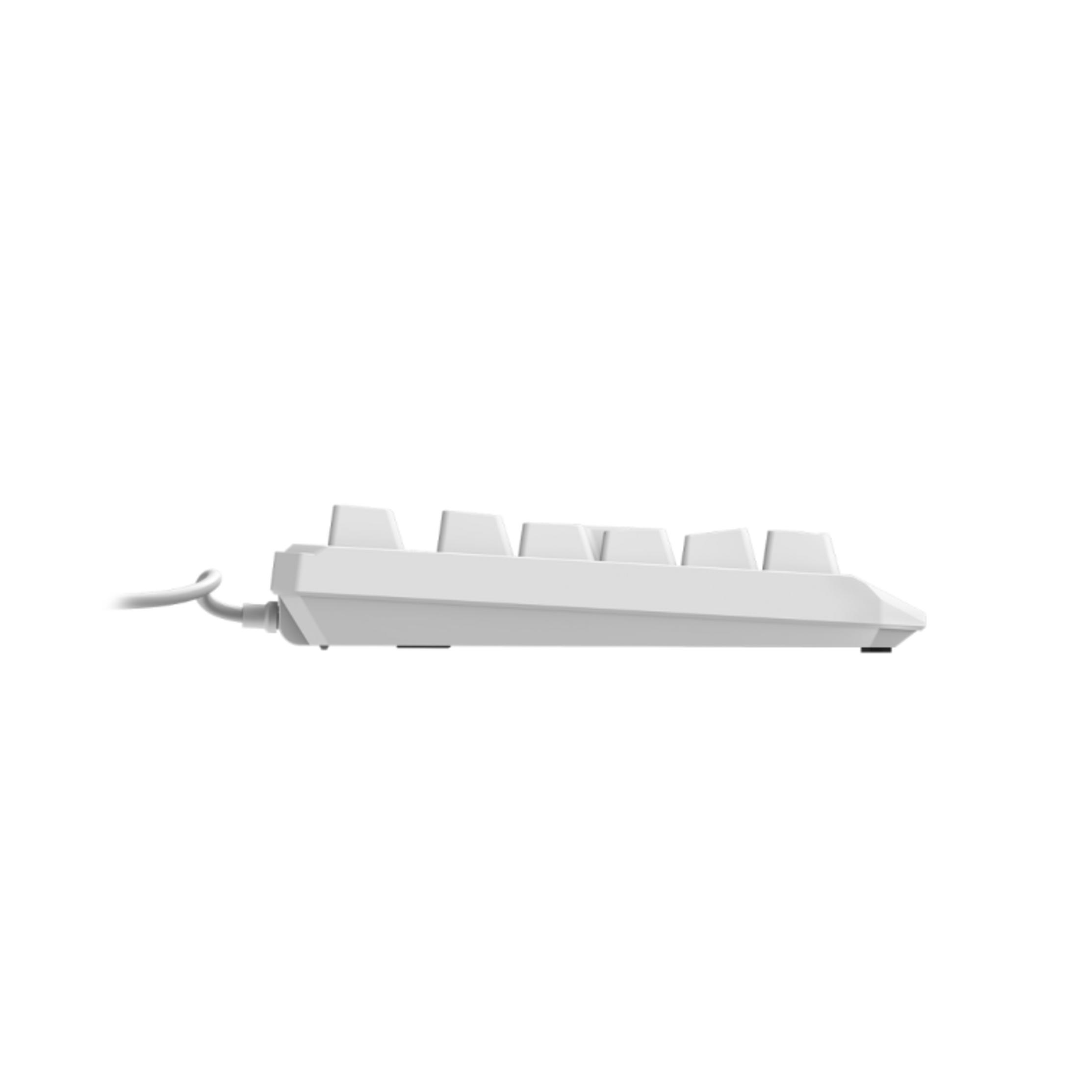 Eine weiße Tastatur mit Kabel, von der Seite gesehen.