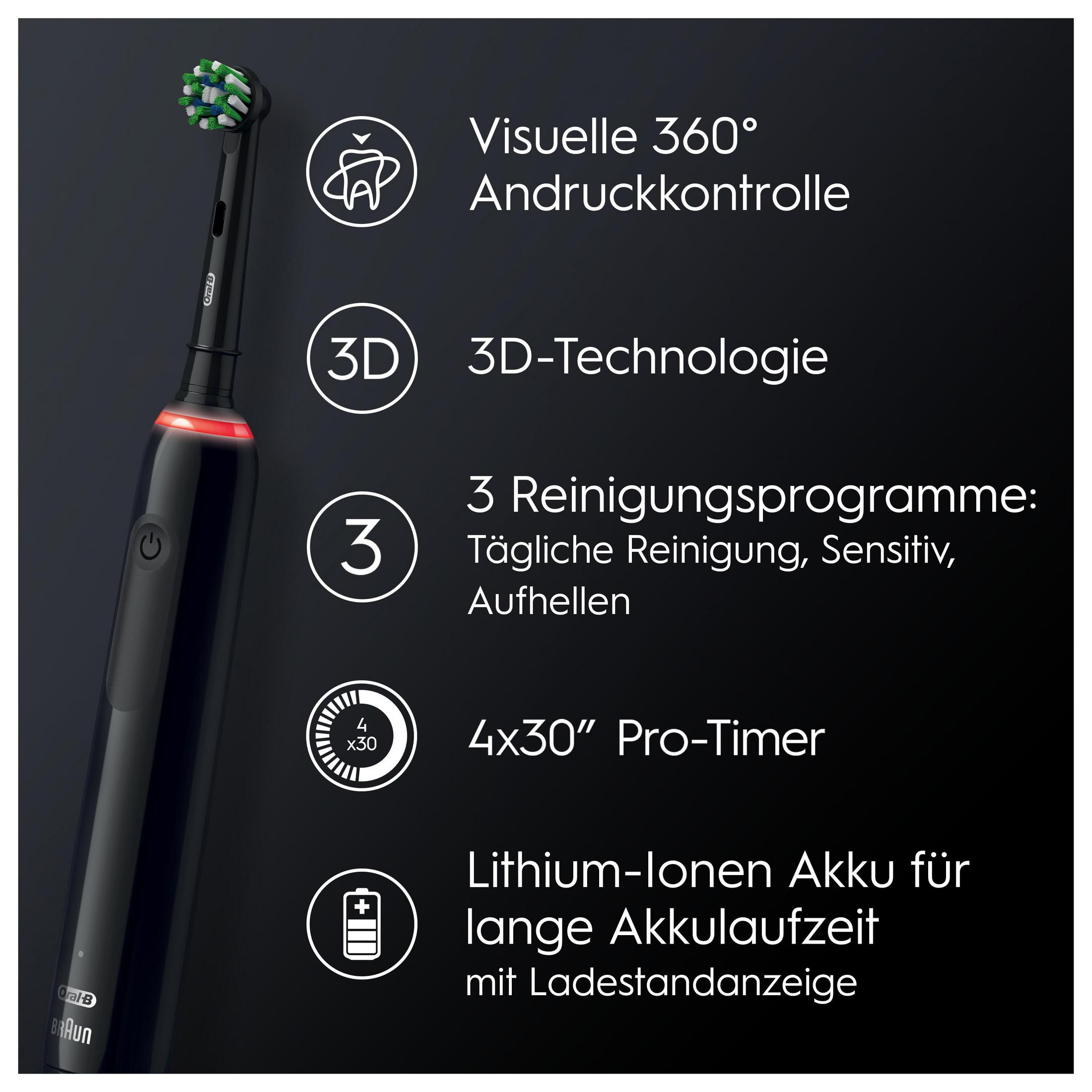 Schwarze Zahnbürste mit 3D-Technologie, 3 Programmen, Timer und Akku.