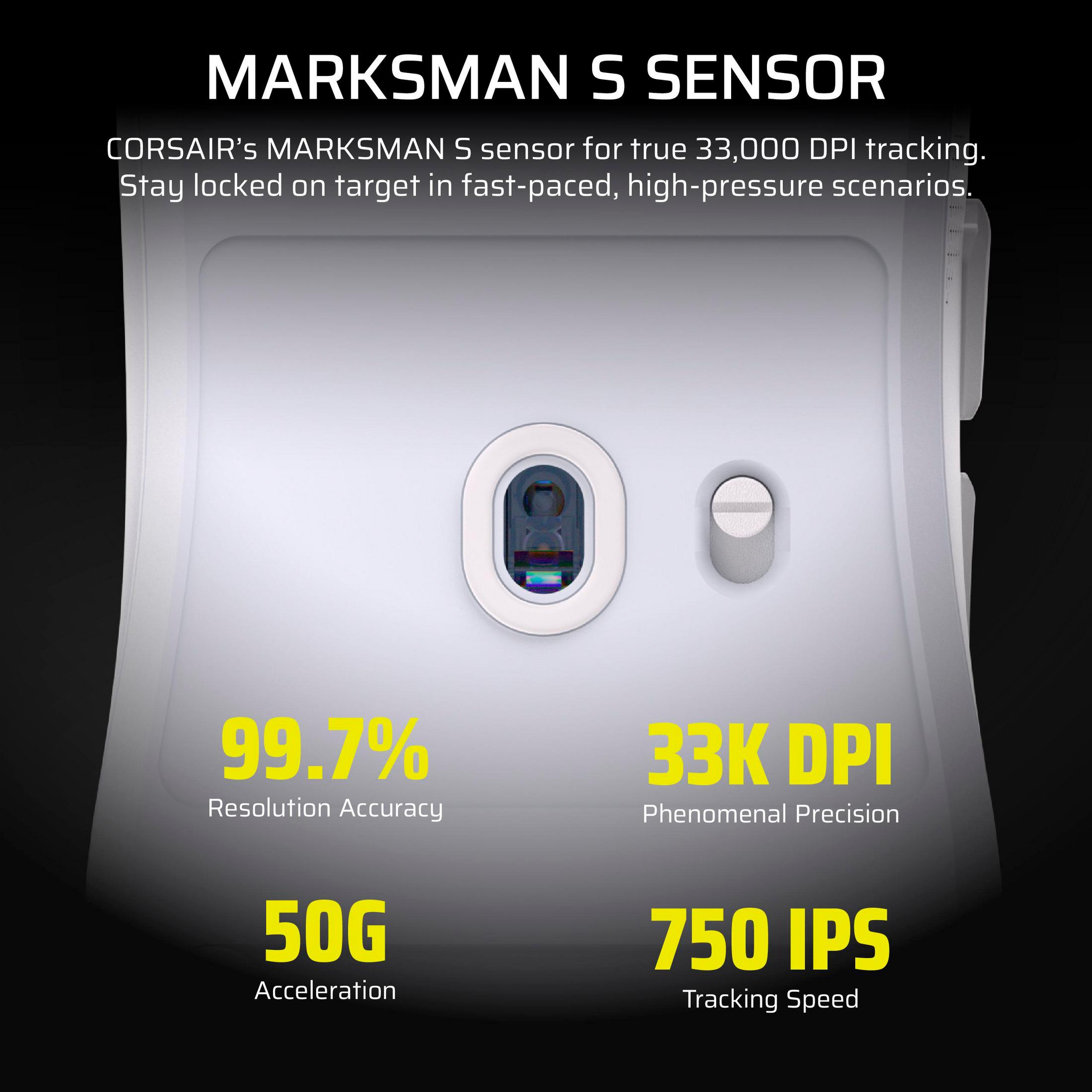 Teknik özelliklere sahip beyaz fare "Marksman S Sensor".