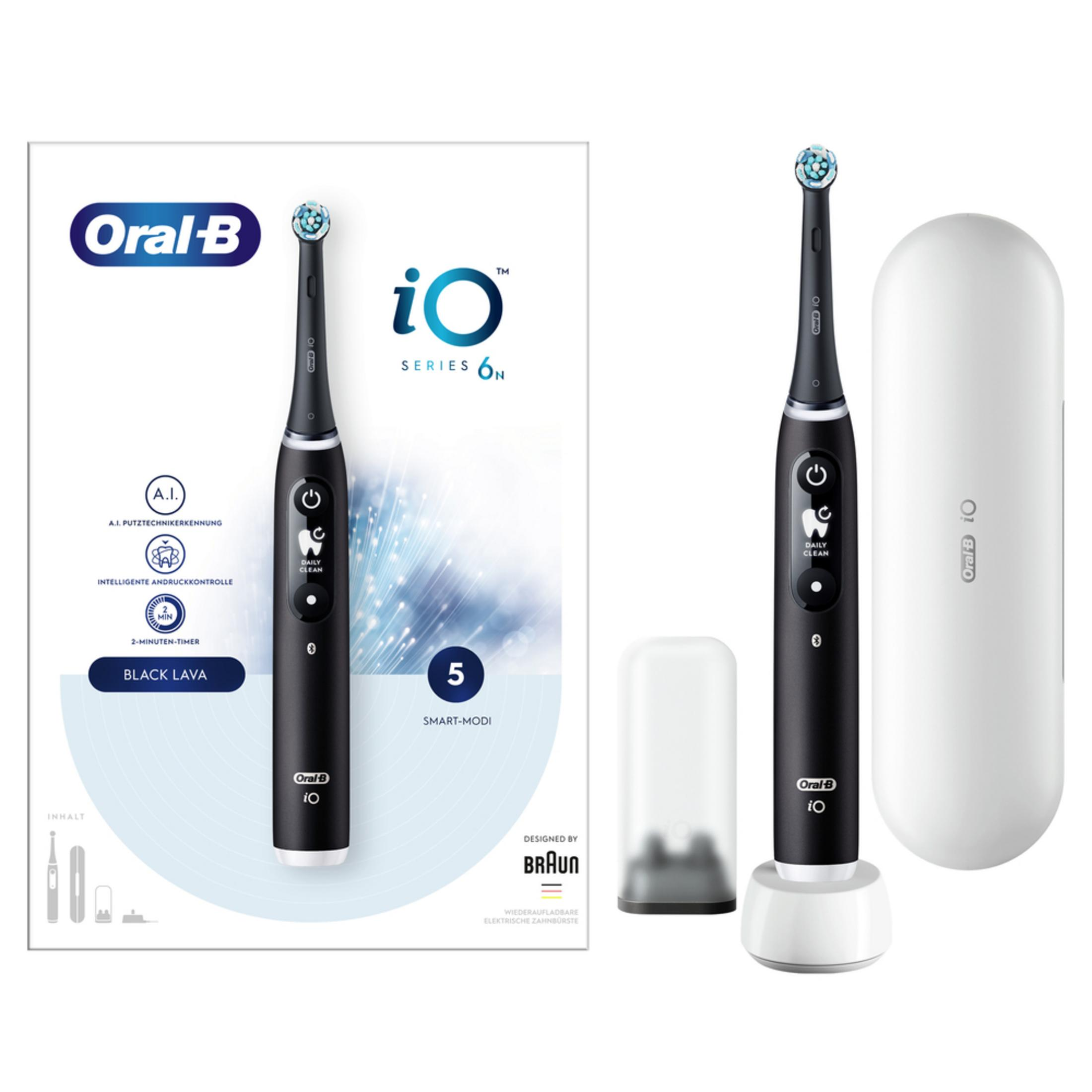 Czarna szczoteczka elektryczna Oral-B iO Series 6N ze stacją ładującą.