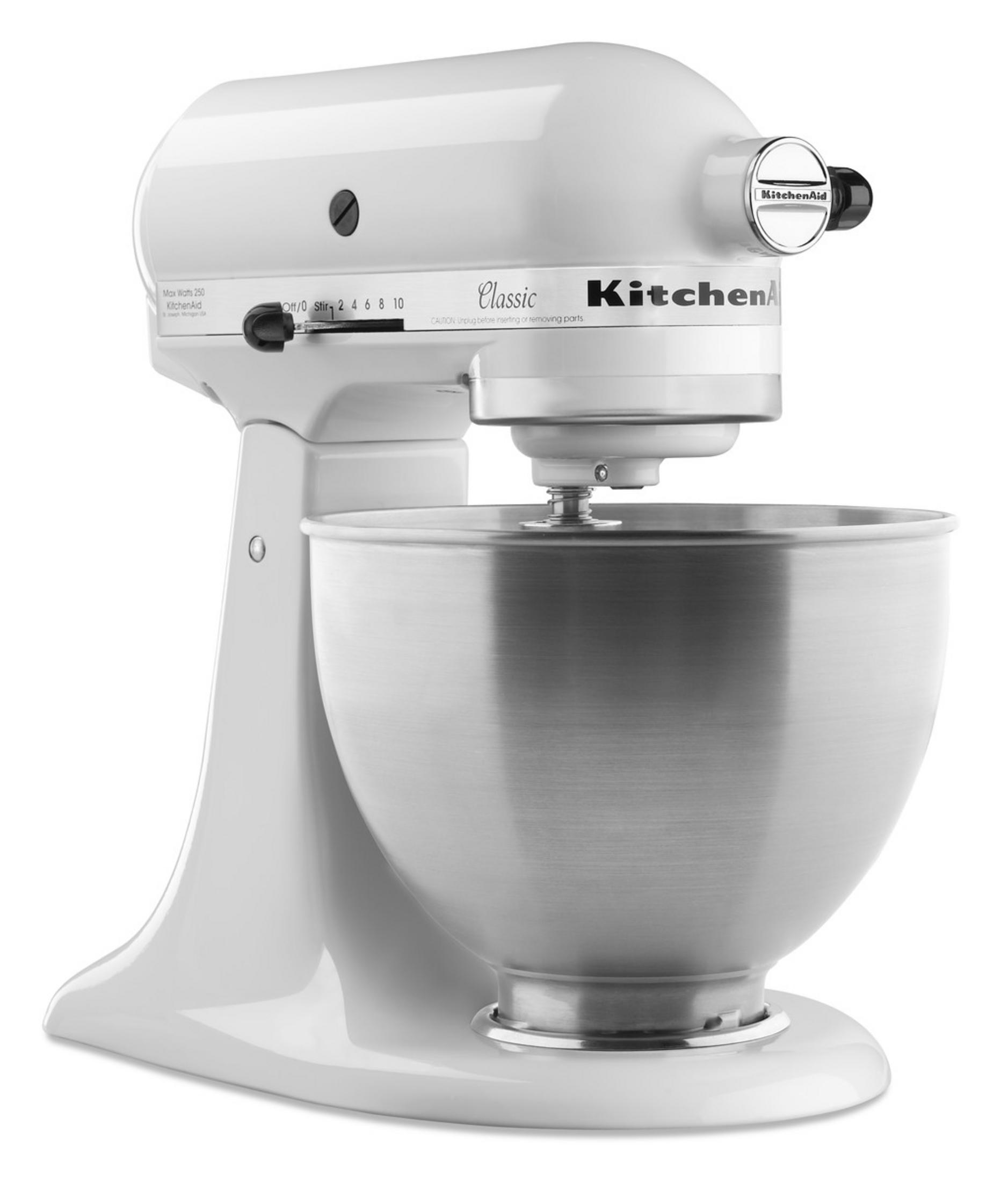 Ein weißer KitchenAid Classic Standmixer mit Edelstahlschüssel.