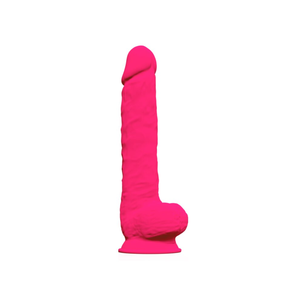 Ein langer, knallpinker Dildo mit strukturierter Oberfläche und breiter Basis.