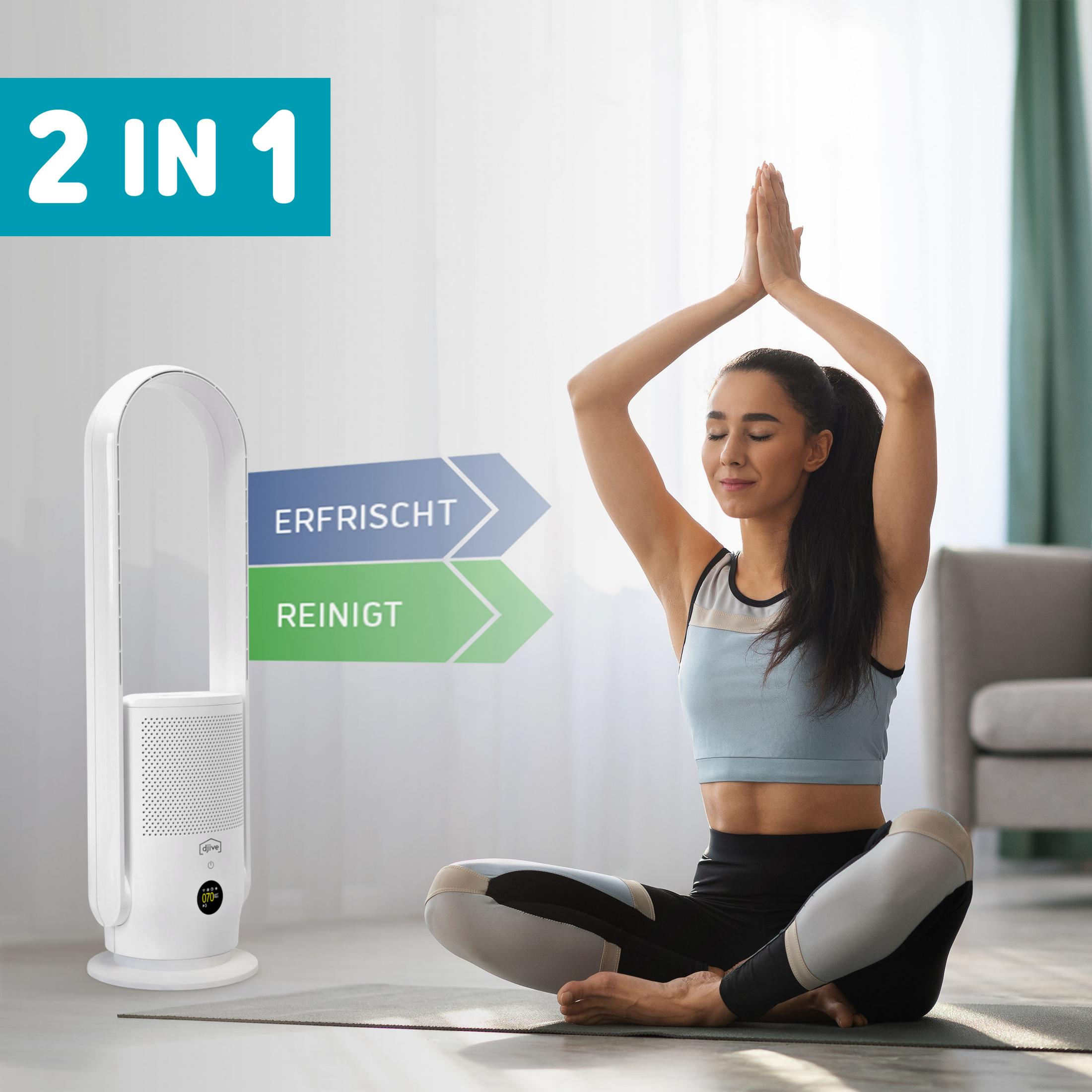 Frau in Yoga-Pose vor Luftreiniger mit "2 in 1"-Anzeige.