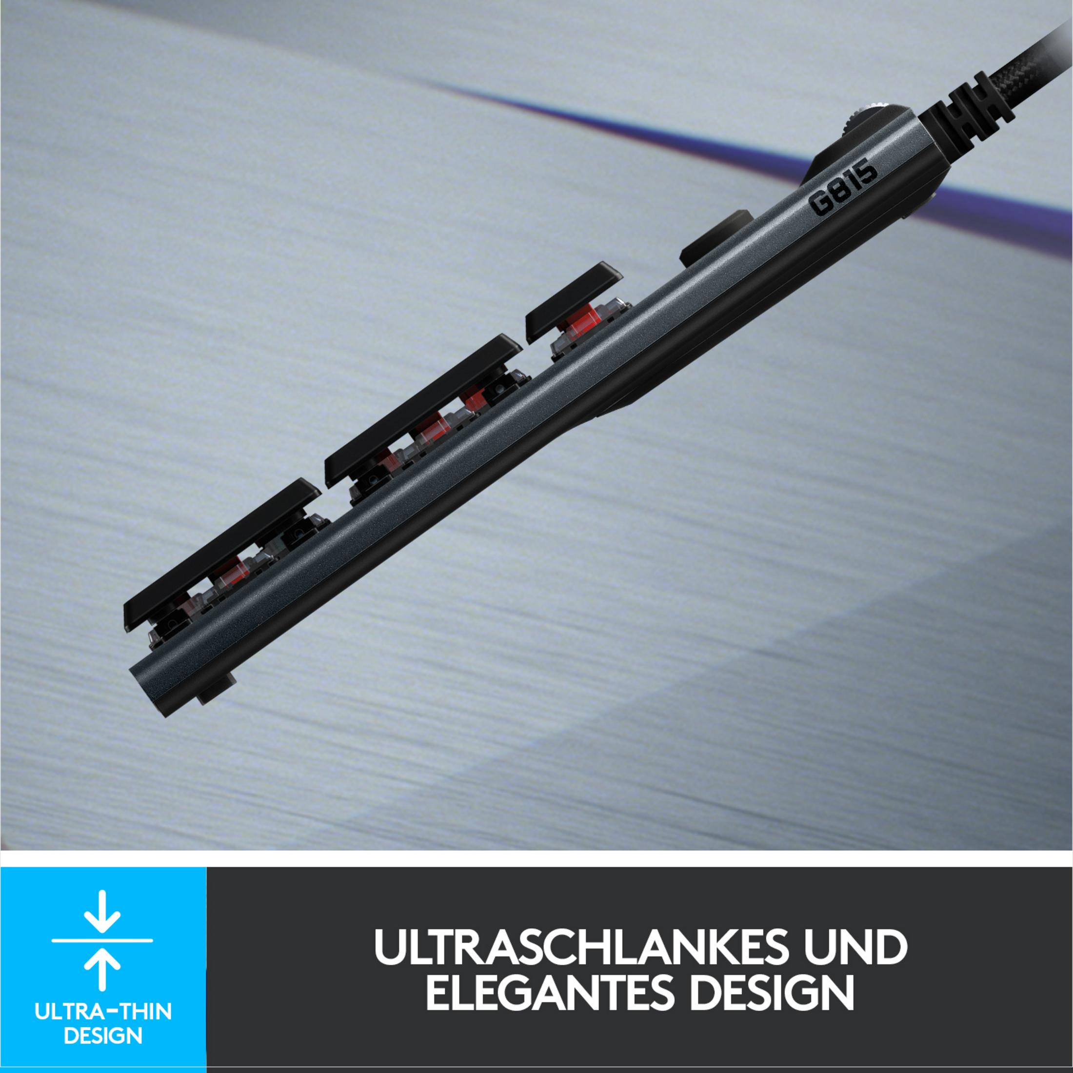 Zbliżenie smukłej klawiatury z logo G815 i czerwonymi przełącznikami.