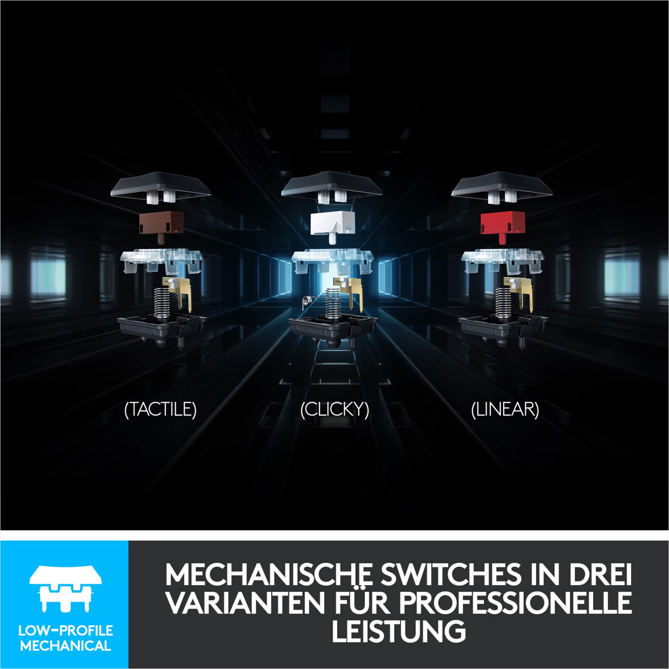 Widok z rozebranymi trzema mechanicznymi przełącznikami klawiatury w kolorach niebieskim, białym i czerwonym.