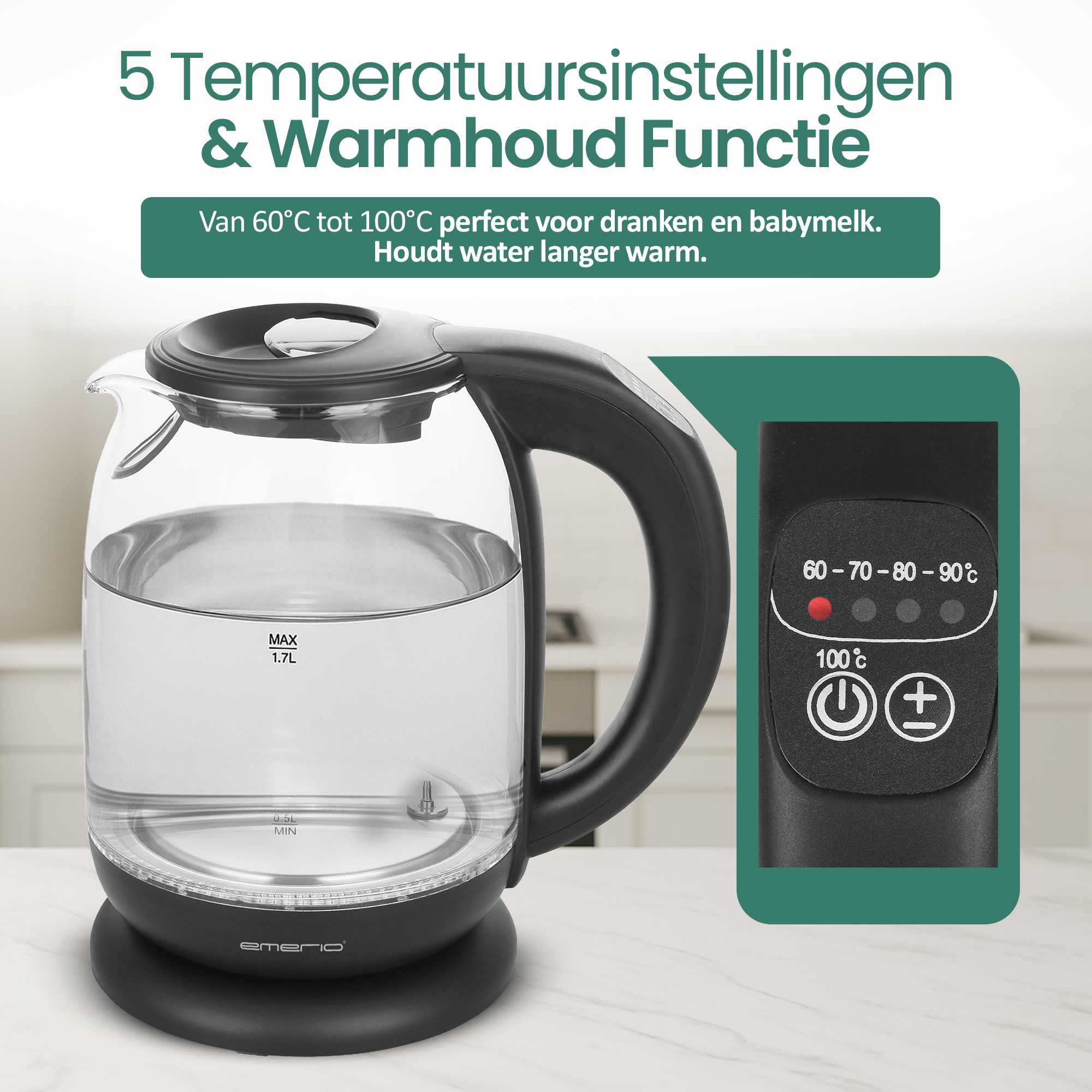 Un hervidor de vidrio con asa negra y panel de control. Muestra ajustes de temperatura.
