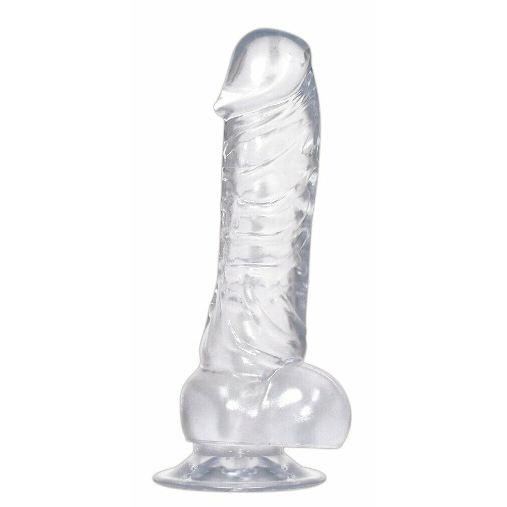 Ein transparenter, gerippter Dildo mit einer Saugnapfbasis.