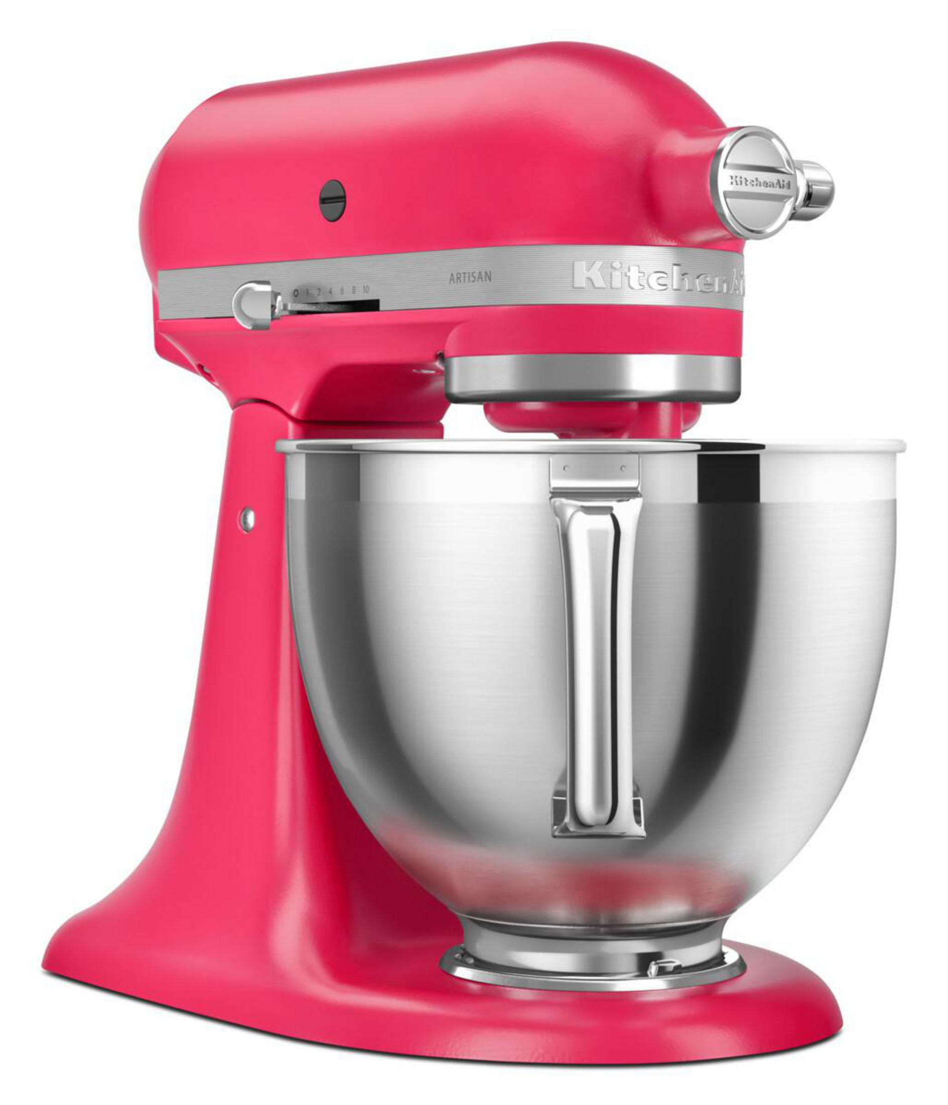 Ein roter KitchenAid Artisan Standmixer mit polierter Edelstahlschüssel.