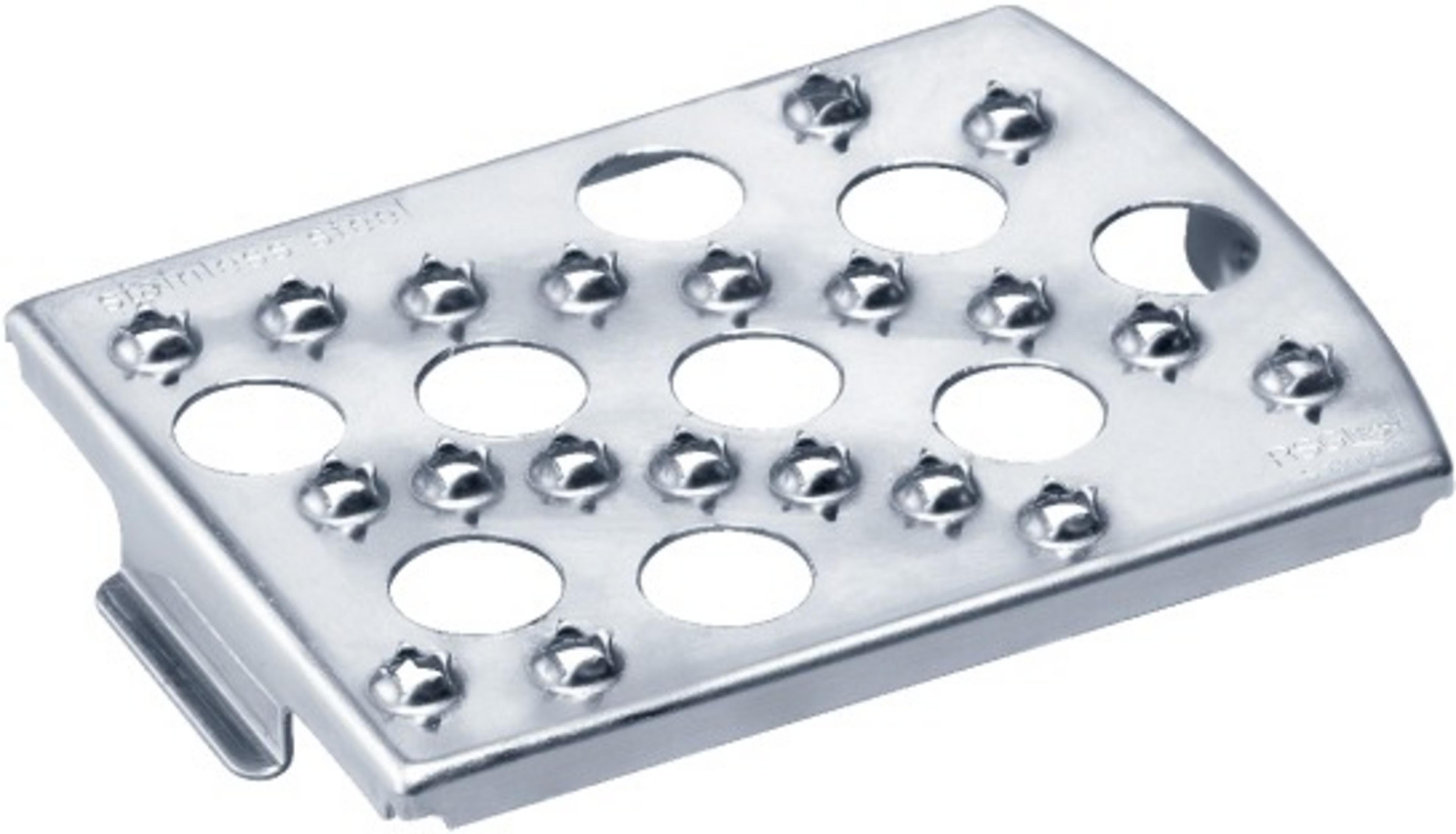Ein metallisches Küchenreiben mit scharfen Kanten und runden Löchern.