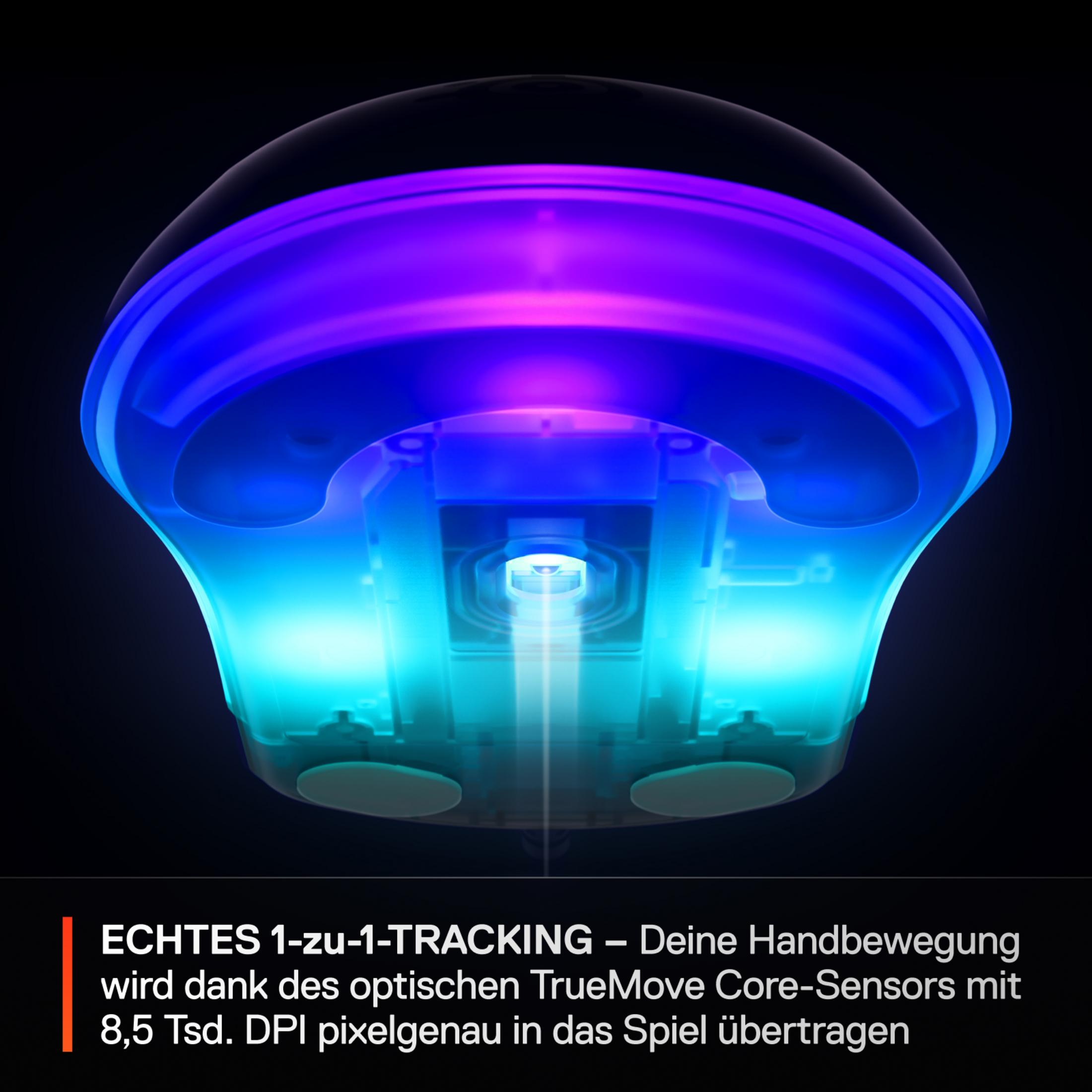 Un sensore del mouse luminoso e trasparente con luci blu e viola.