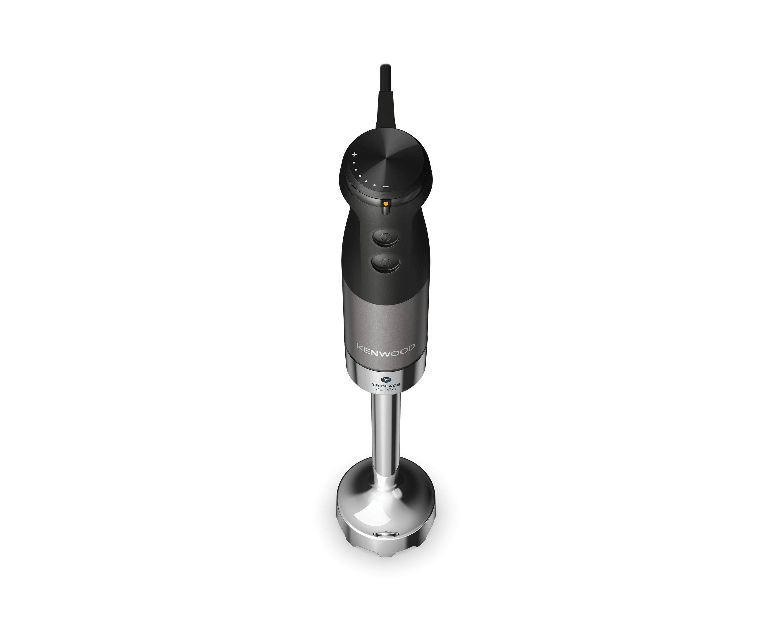 Ein schwarzer Kenwood Handmixer mit silbernem Stab und Edelstahlfuß.