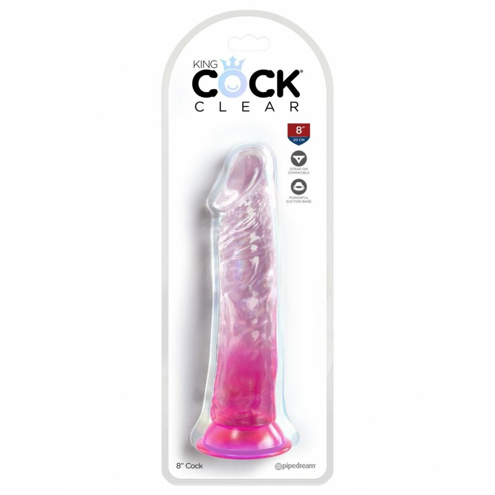 Ein rosafarbener, 8 Zoll langer Dildo mit Textur und Saugnapf in Verpackung.
