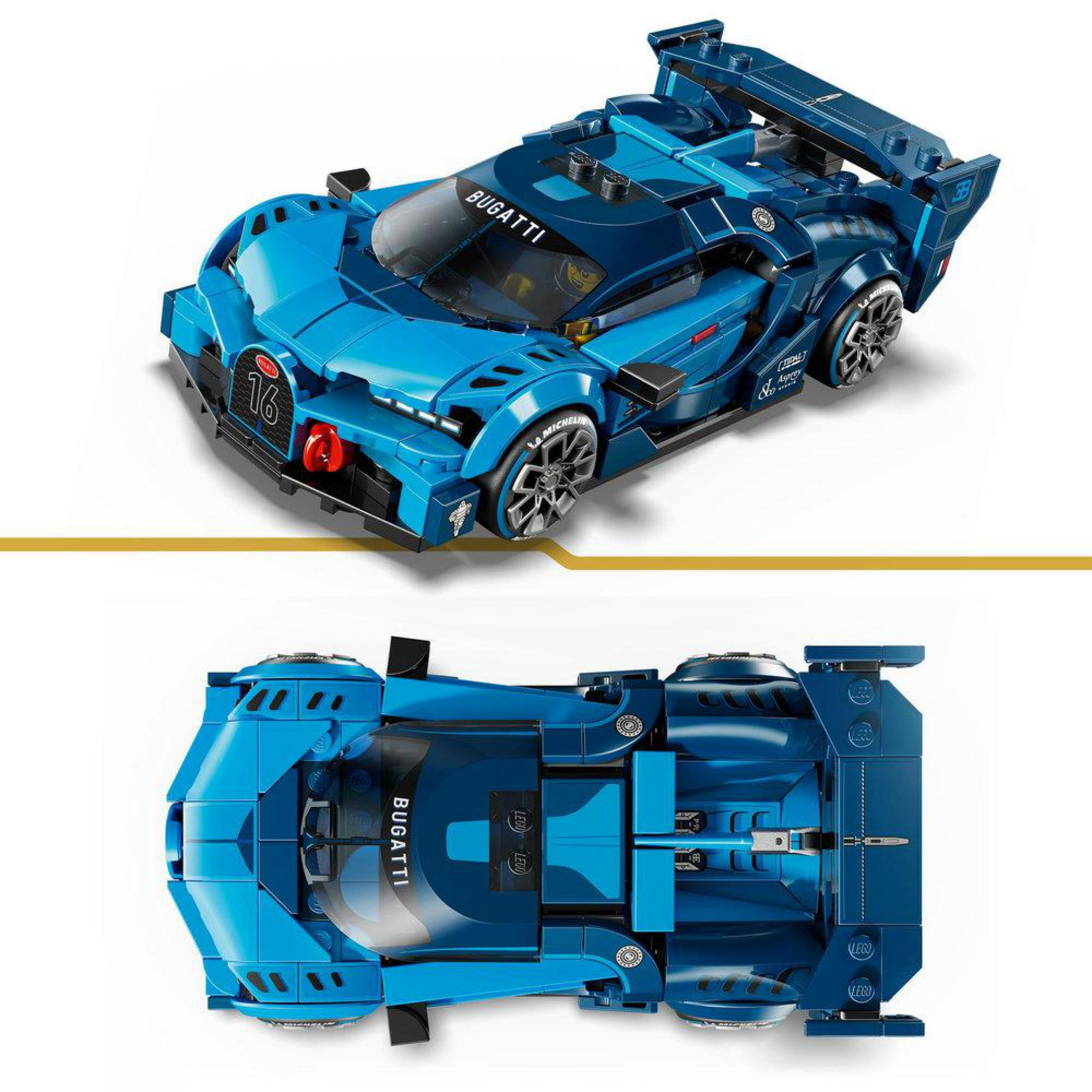 Niebieski model samochodu Bugatti Lego ze szczegółowym nadwoziem i wnętrzem, pokazany z dwóch kątów.