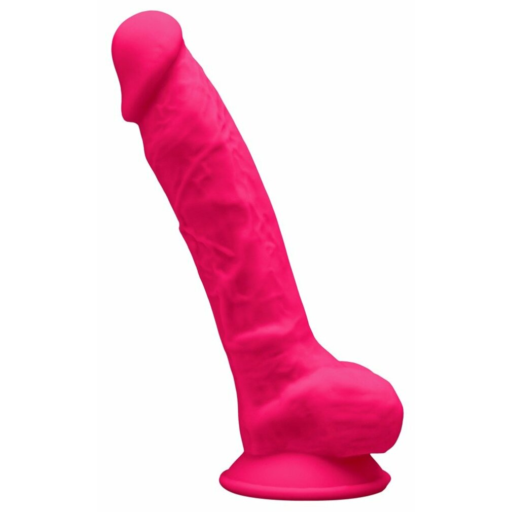 Ein leuchtend pinker Dildo mit Saugnapfbasis und strukturiertem Schaft.