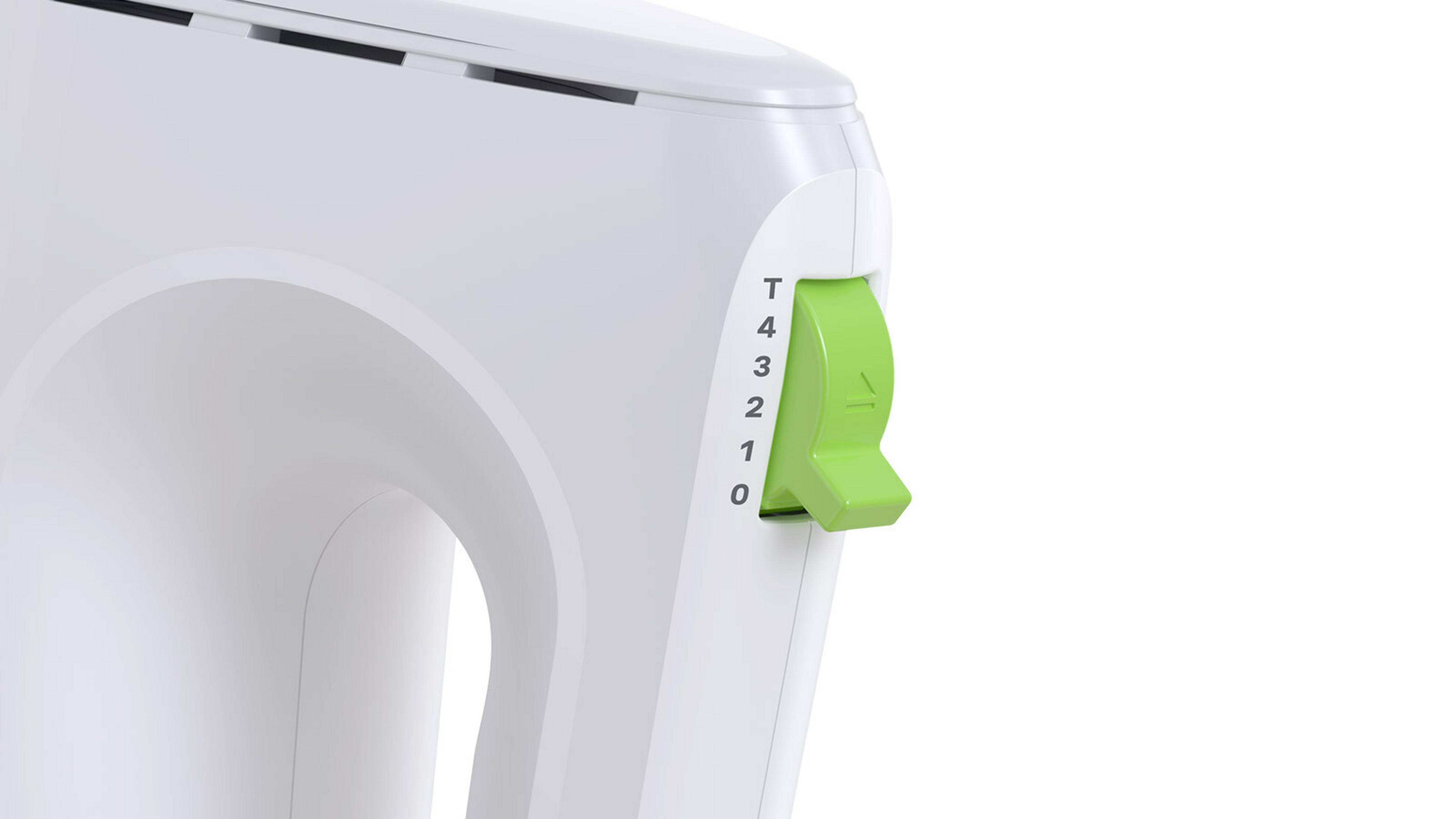 Weißer Handmixer mit grünem Schieberegler für Geschwindigkeitseinstellungen 0-4.