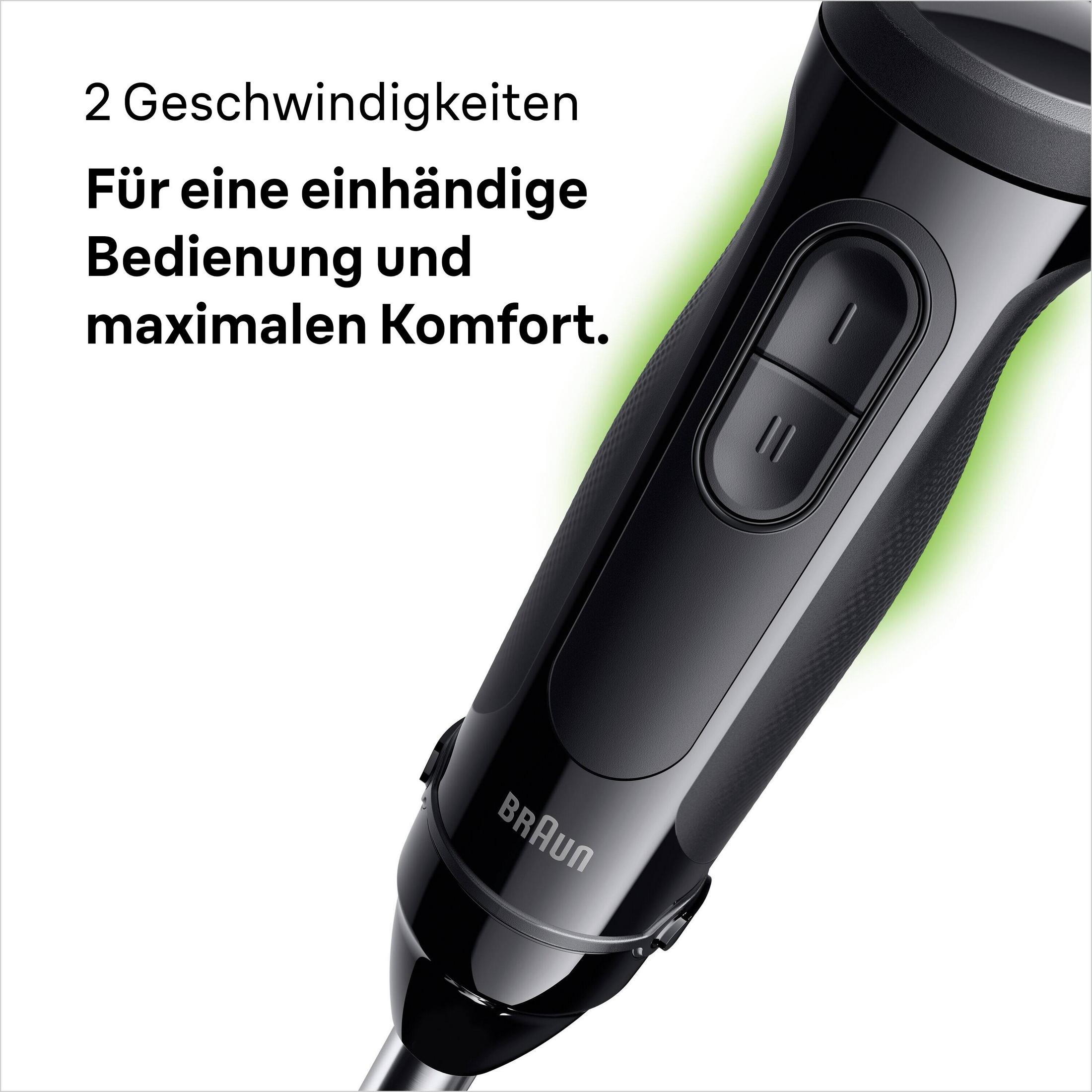 Czarny blender ręczny ze srebrną rączką i dwoma przyciskami.