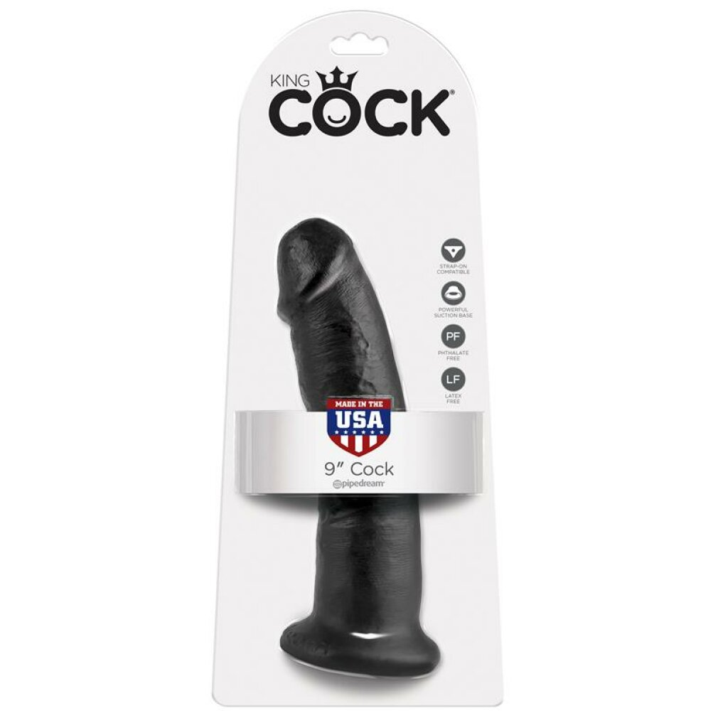 Schwarzer 9-Zoll-Cock-Dildo mit Saugnapf, kompatibel mit Strapon, phthalat- und latexfrei.