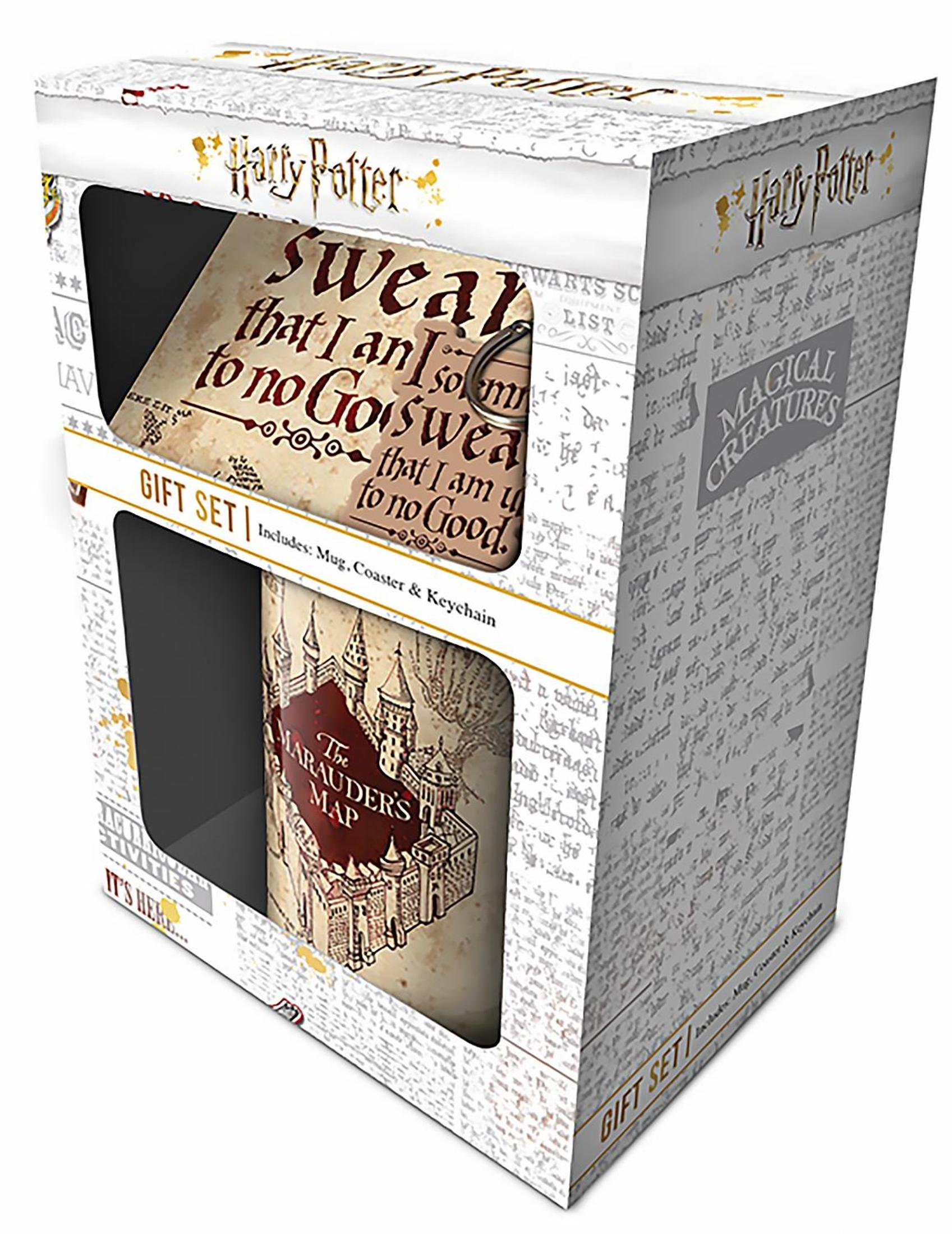 Harry Potter Geschenkset mit Tasse, Untersetzer und Schlüsselanhänger mit Karte.