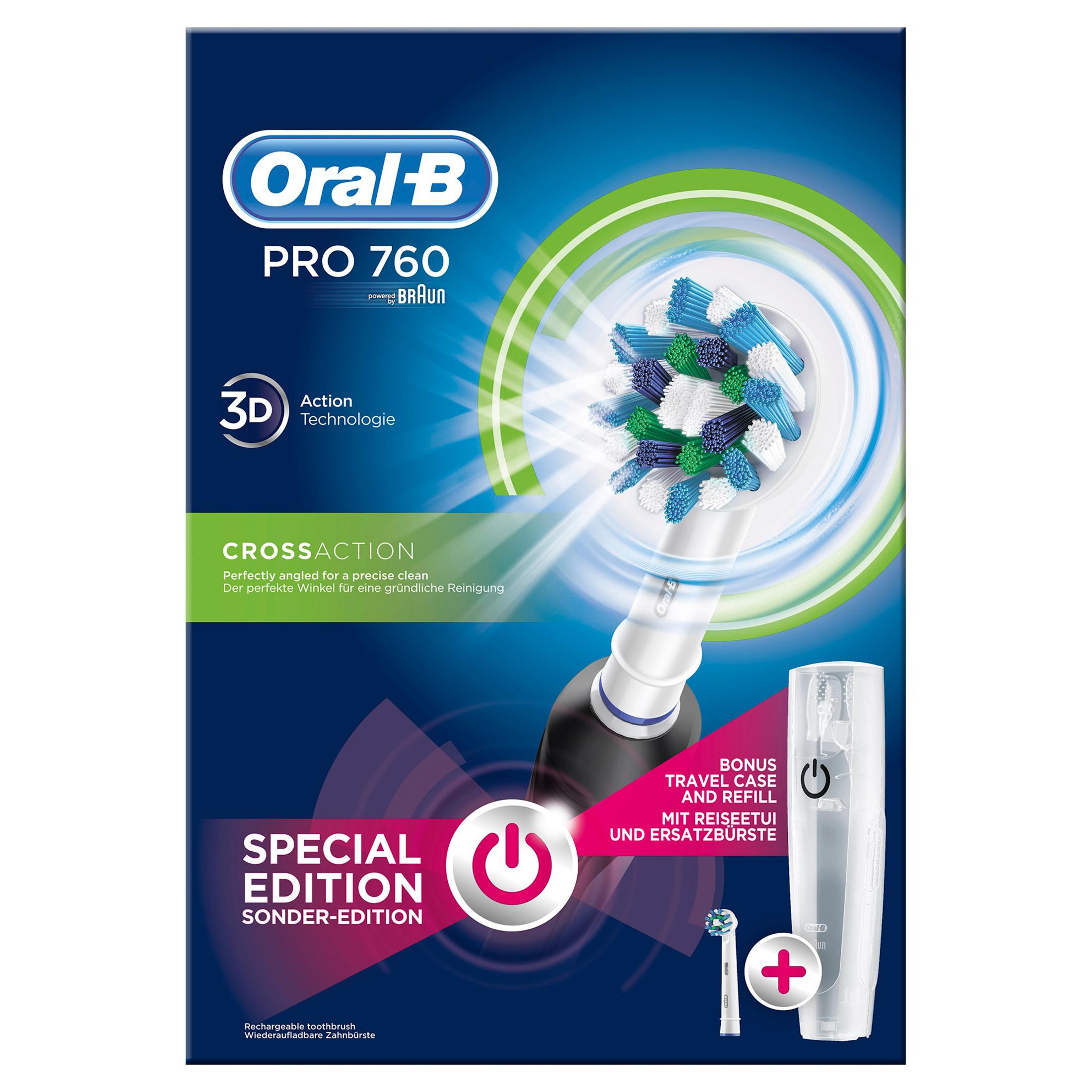 Oral-B Pro 760 mit Aufsteckbürsten, Reiseetui und Ladegerät.
