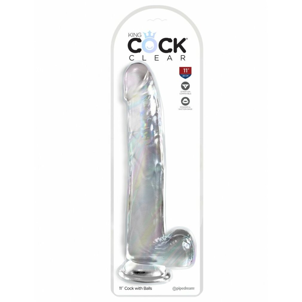 Ein klarer, 28 cm langer Vibrator mit Saugnapfbasis und Kugeln.