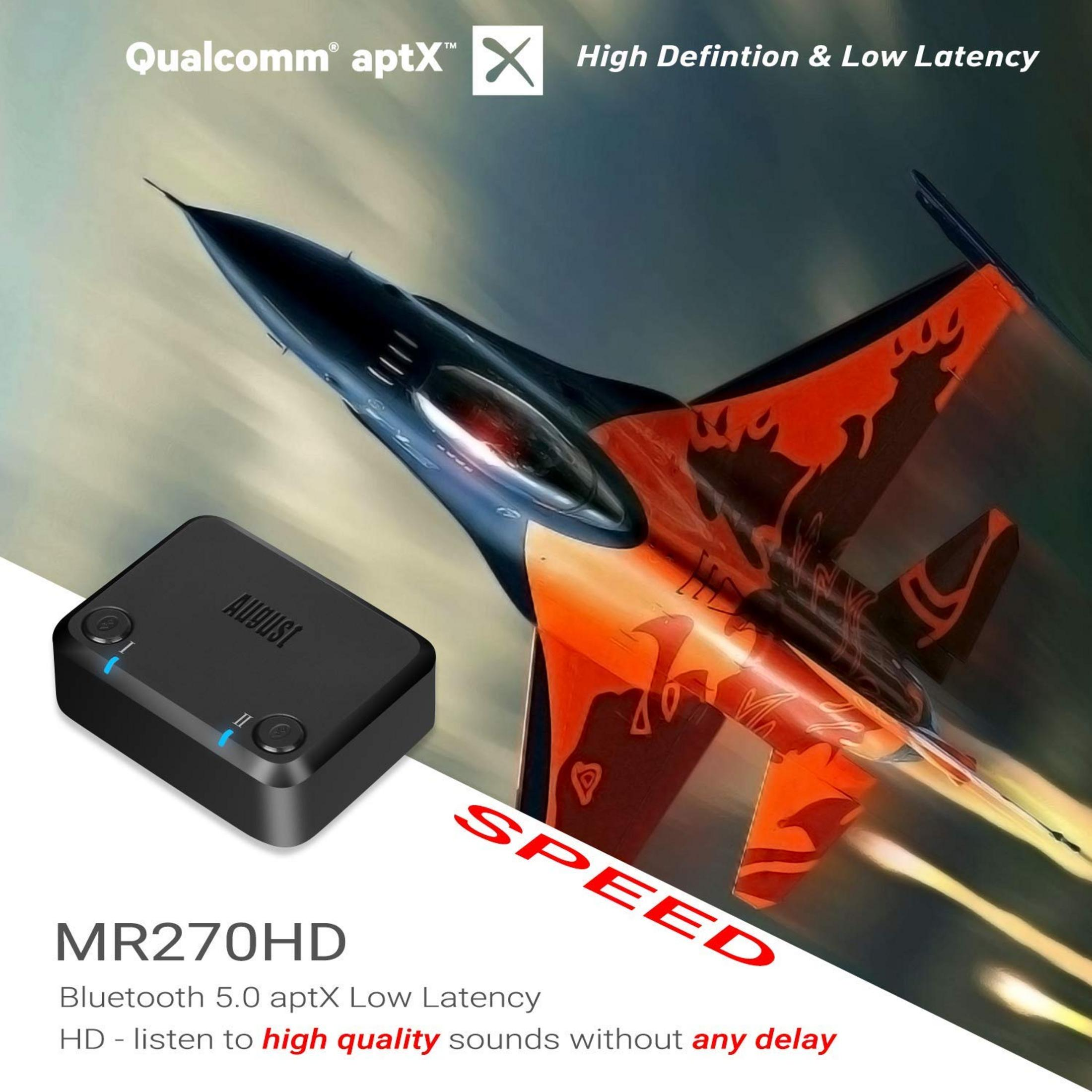 Ein schwarzes August MR270HD-Gerät vor einem Jet mit Flammenmuster.