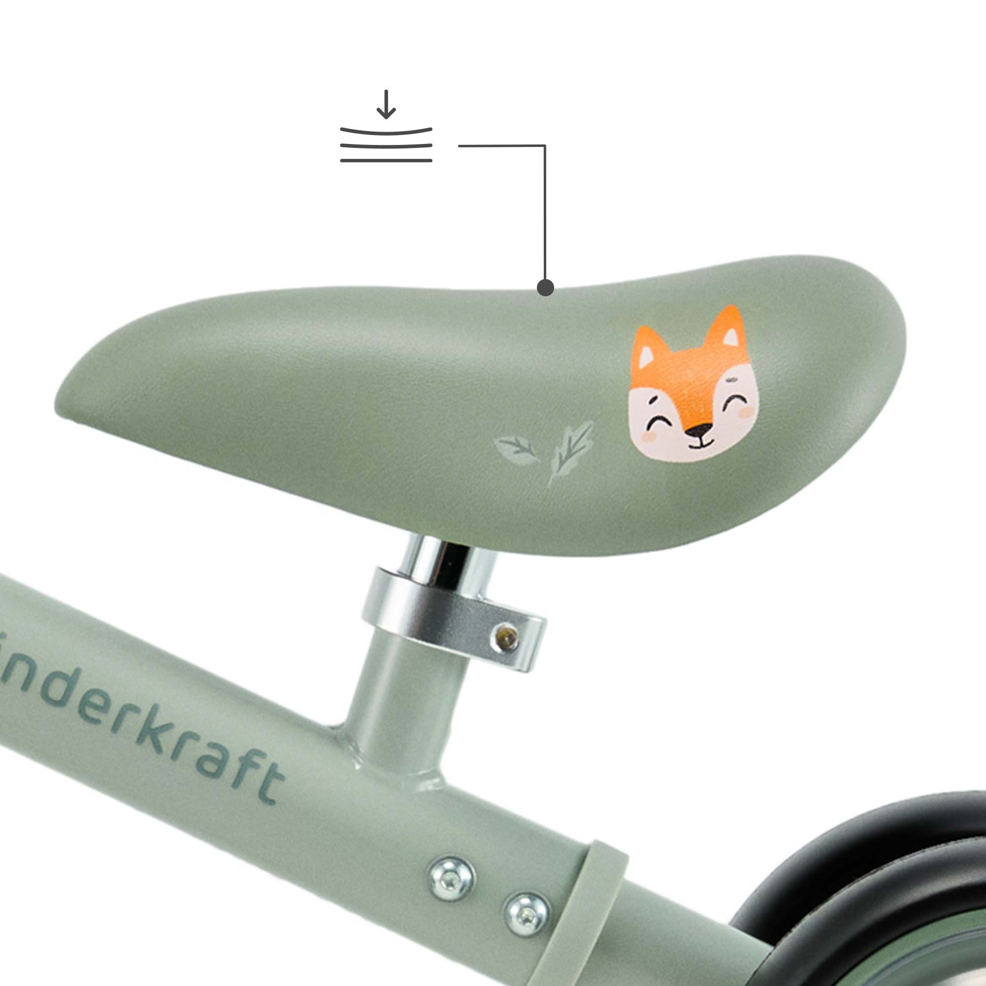 Grüner Sattel mit Fuchs-Aufdruck, Kinderrad-Detail.