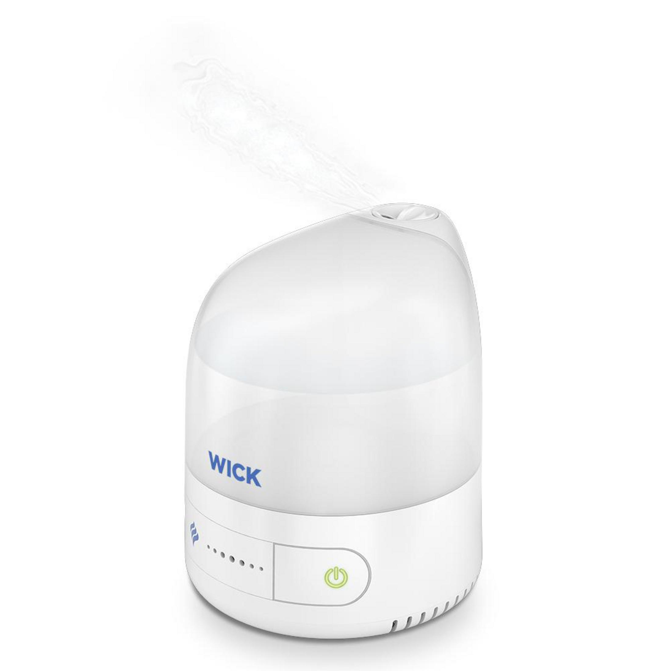 Un umidificatore bianco che emette vapore, con il logo 'Wick'.