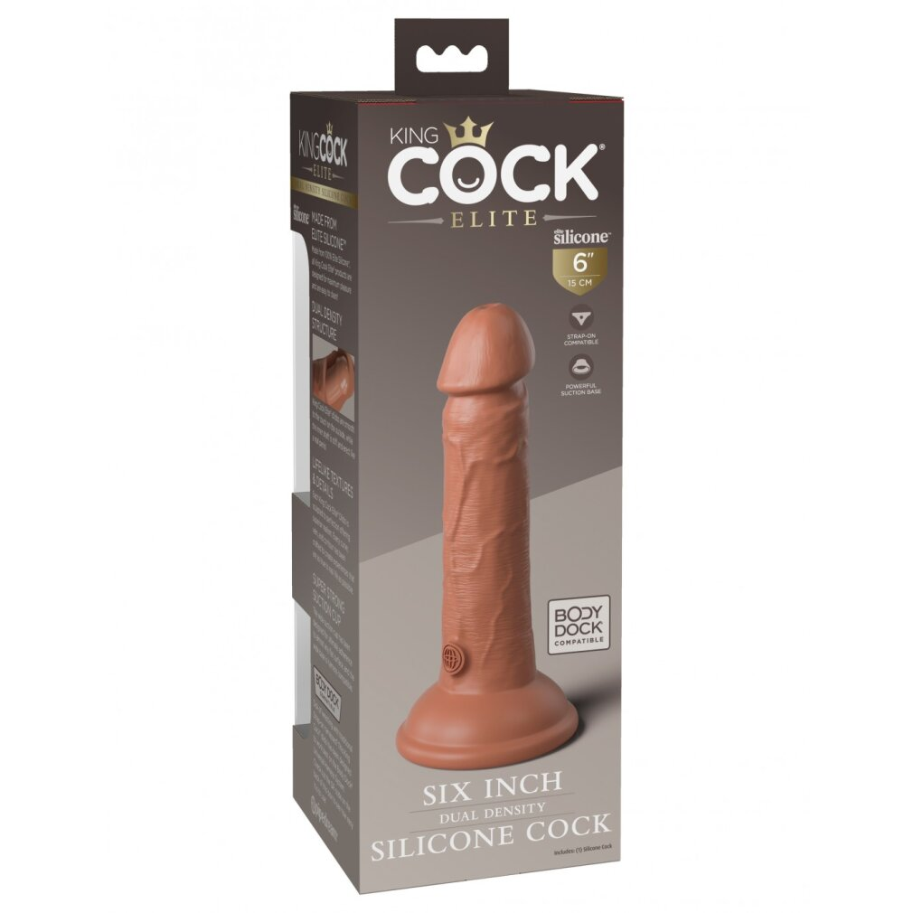 Ein Six-Inch-Silikonpenis in der Verpackung mit realistischen Texturen.