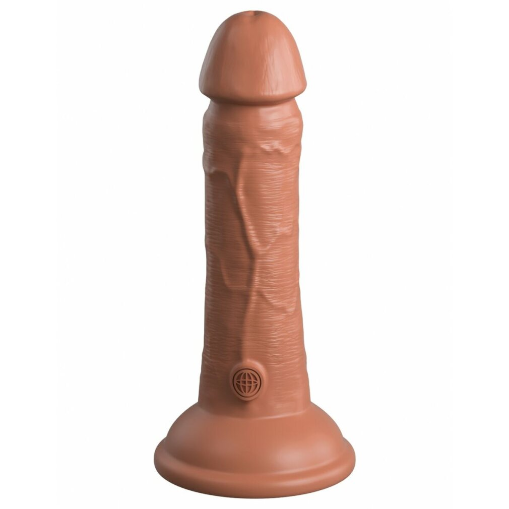 Ein brauner Sexspielzeug-Dildo mit Adern und einem Globus-Symbol, auf weißem Hintergrund.