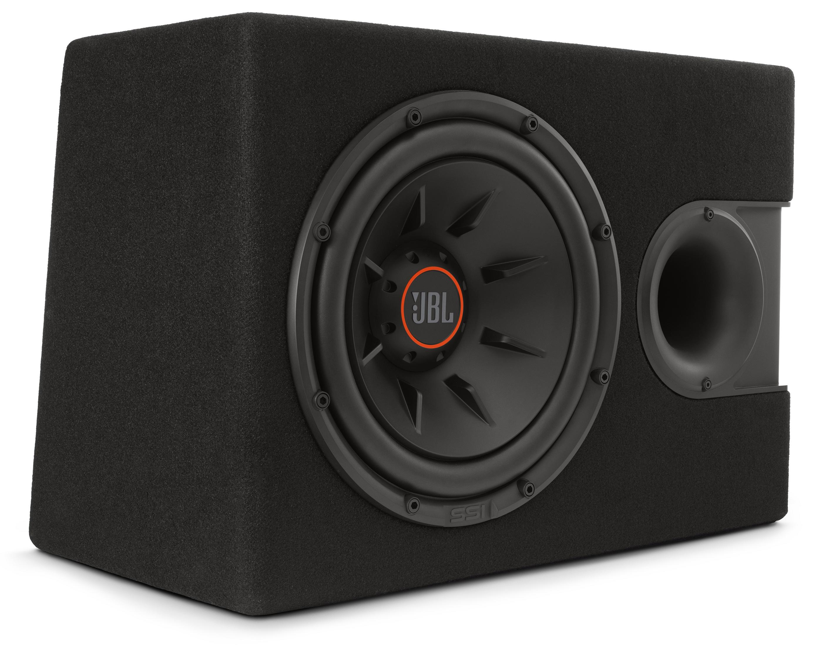 Schwarzer Subwoofer mit JBL-Logo und Bassreflexöffnung.