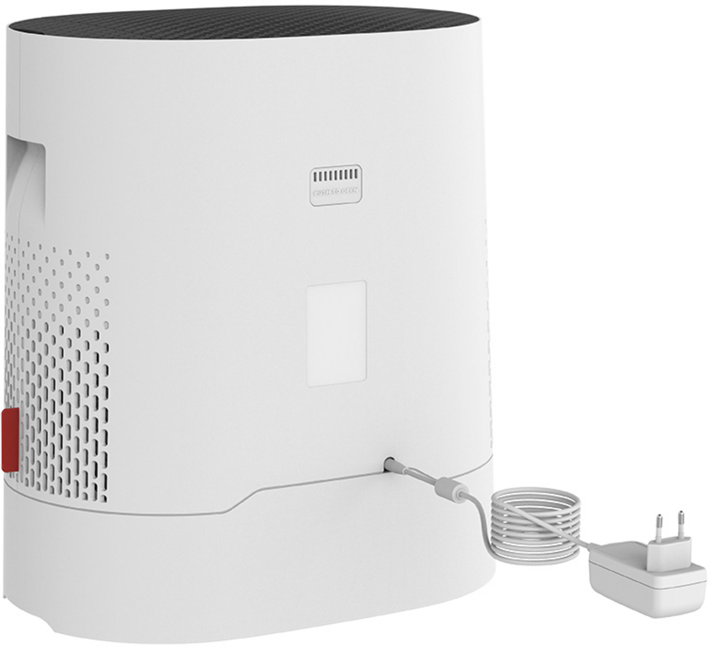 Purificatore d'aria bianco con coperchio nero, alimentatore con cavo.