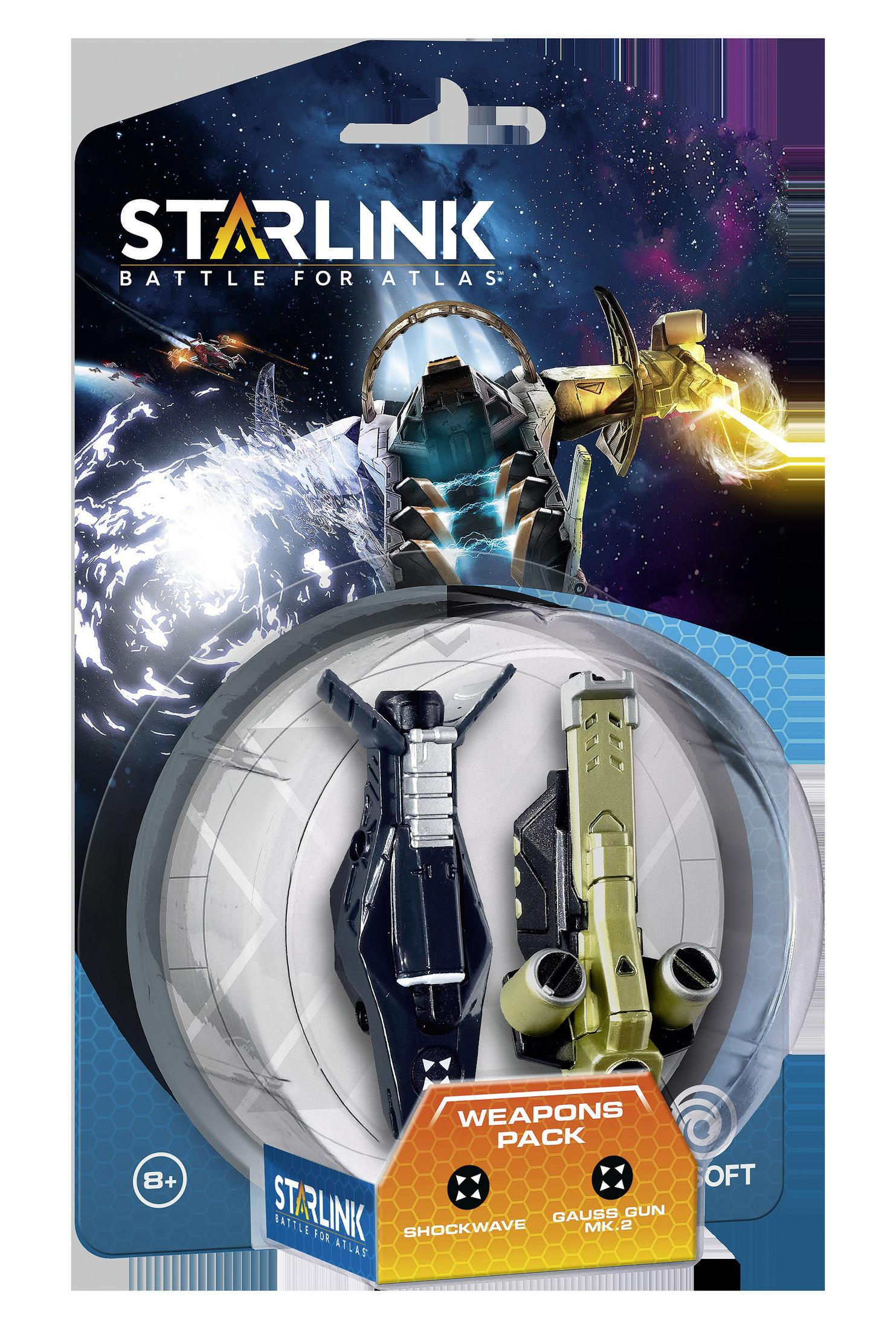 Starlink-Verpackung mit Raumschiff-Spielzeug und Waffen.