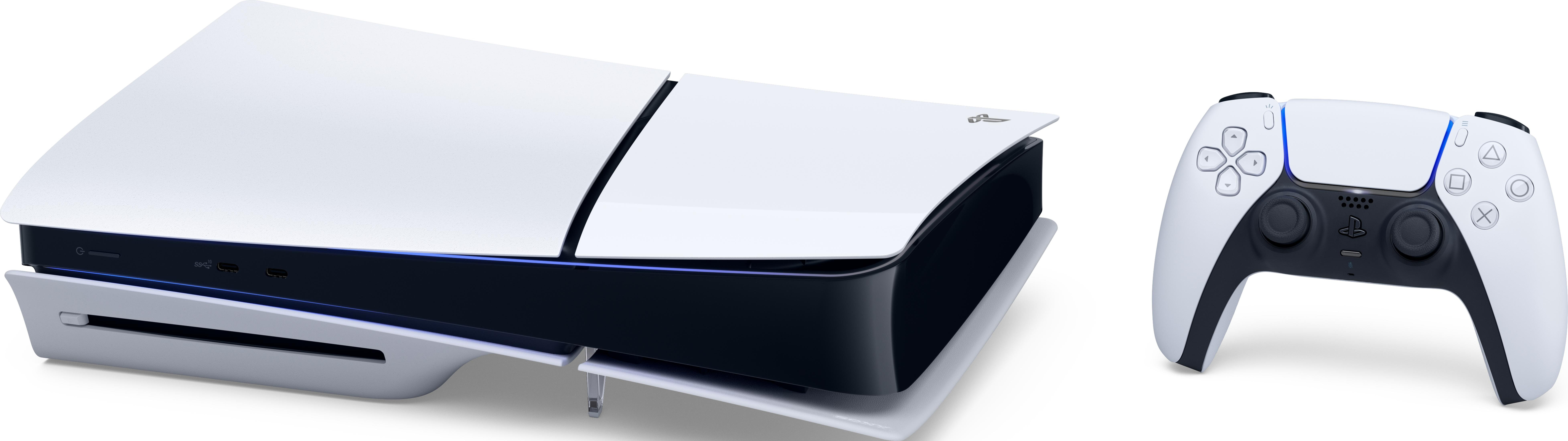 Biała konsola do gier i kontroler z niebieskimi akcentami na białym tle.