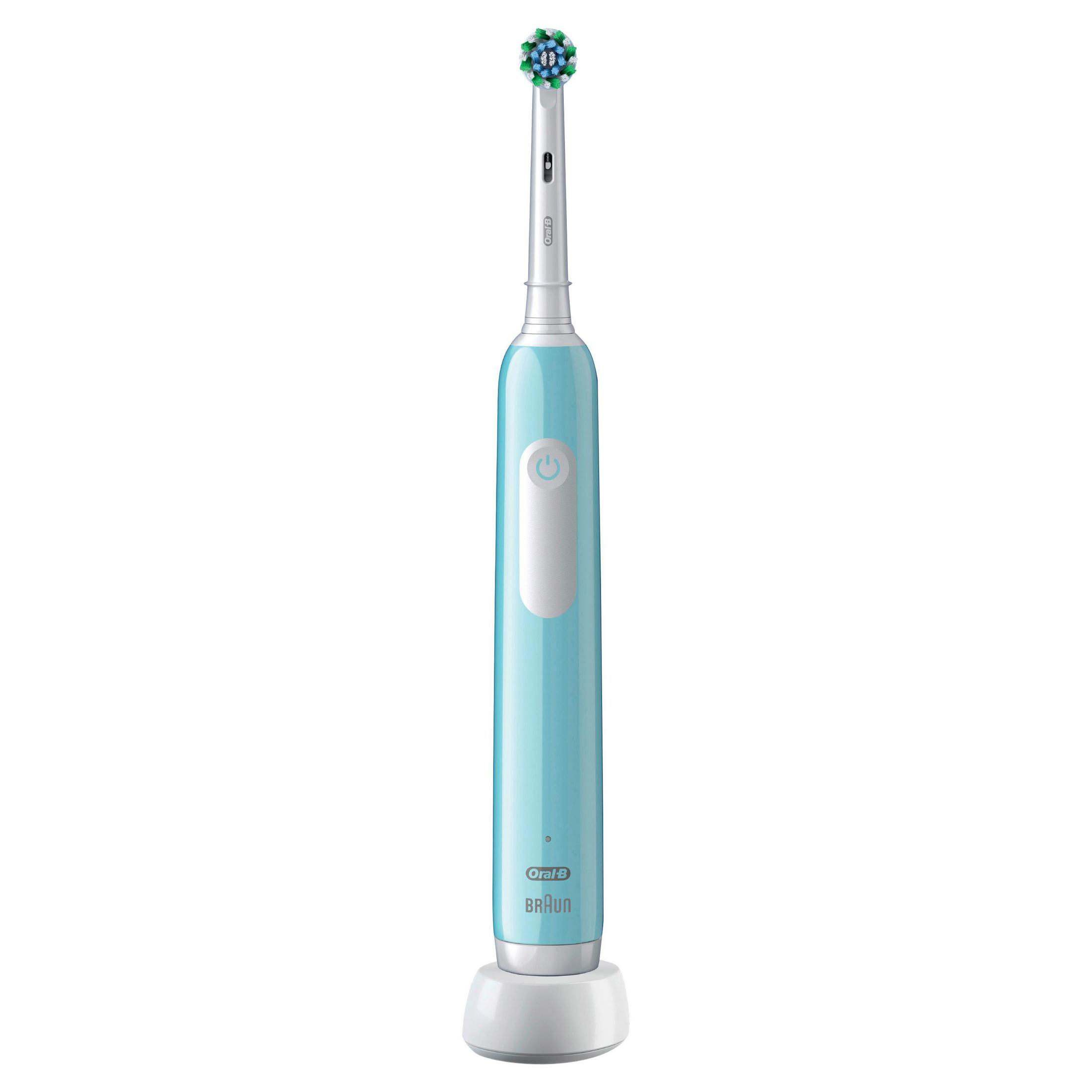 Uno spazzolino elettrico blu su base bianca con setole blu, verdi e bianche.
