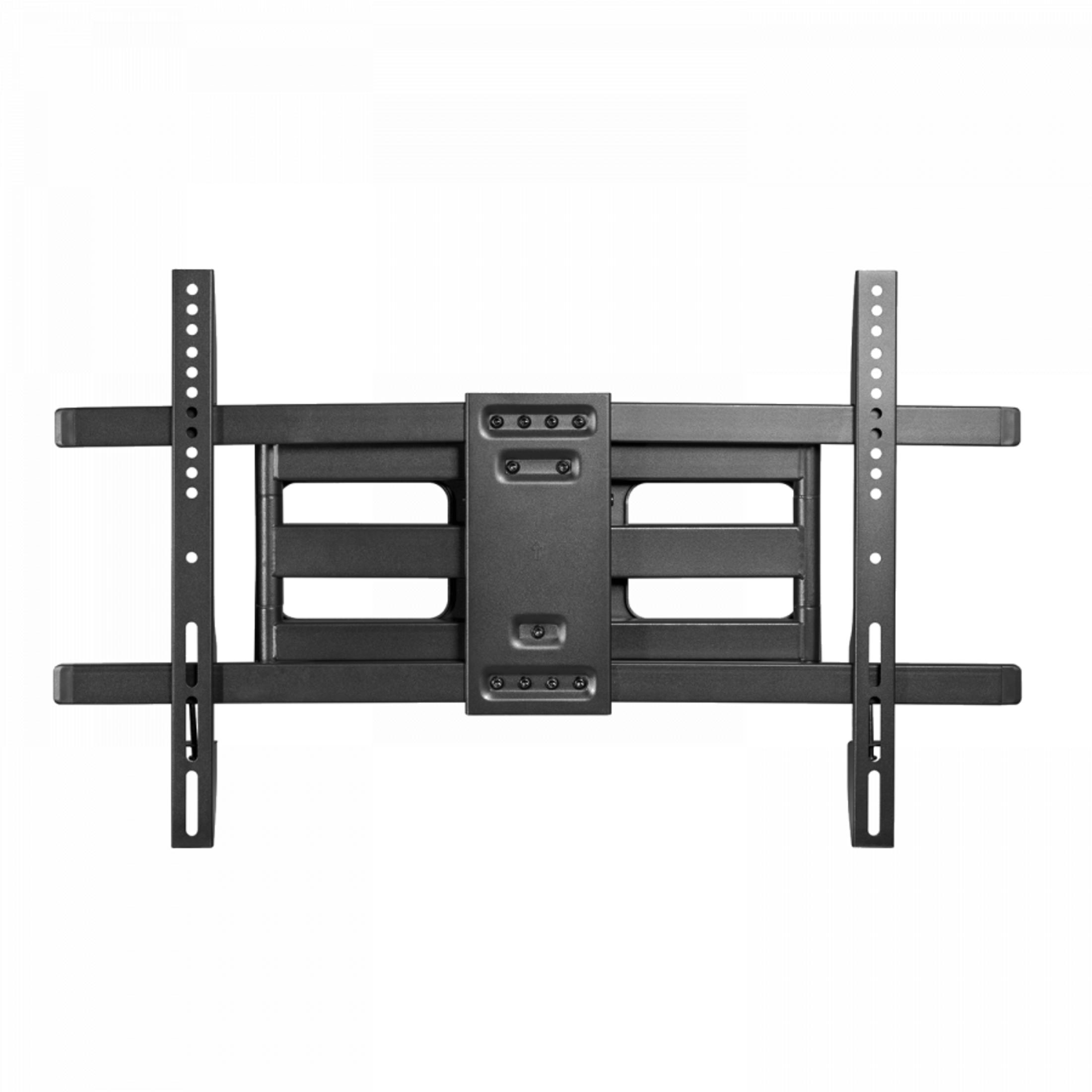 Soporte de pared negro para TV con brazos y tornillos ajustables.
