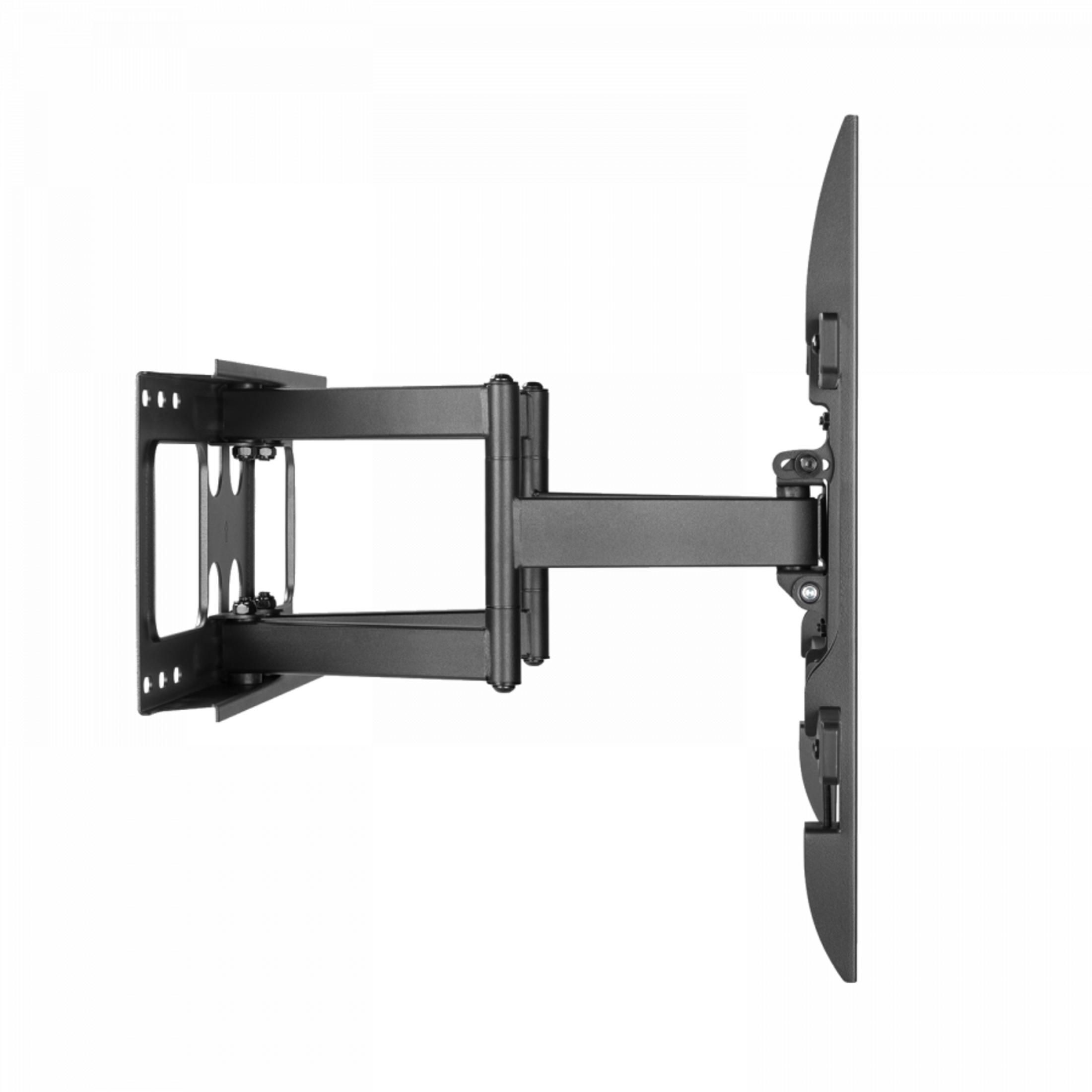 Un soporte de pared para TV negro, articulado y con brazo extensible, sobre blanco.