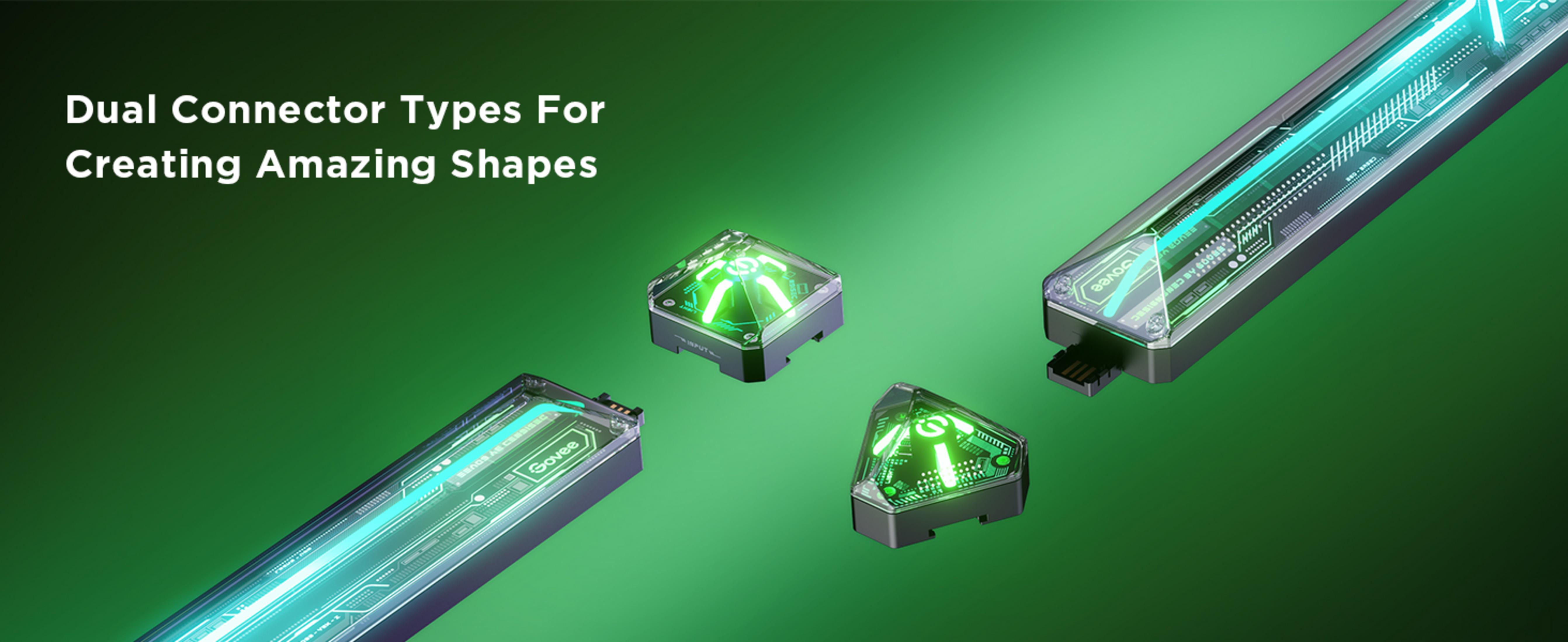 Quattro connettori LED luminosi di varie forme su sfondo verde.
