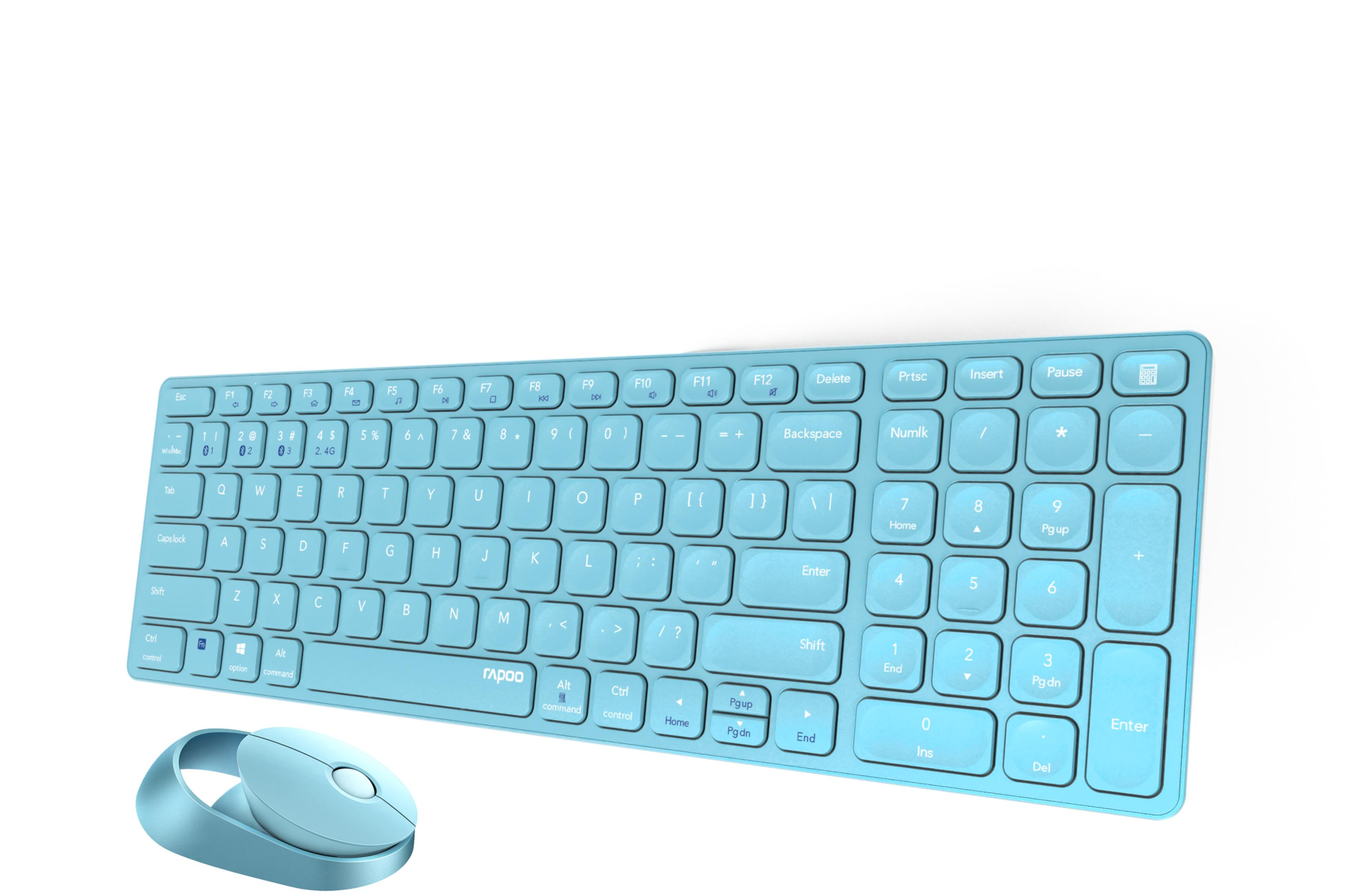Un set di tastiera e mouse wireless per computer azzurro.