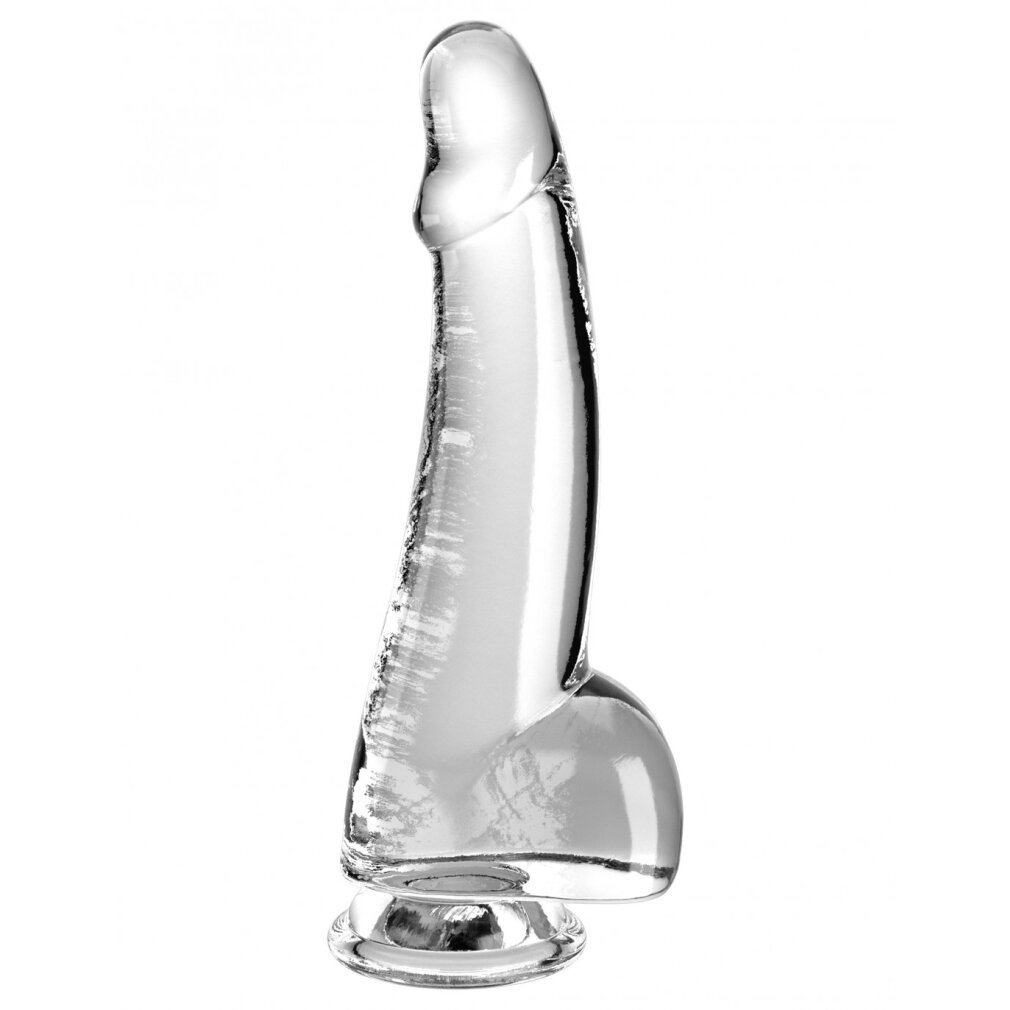 Ein transparenter, penisähnlicher Glasgegenstand mit einem breiten Sockel.