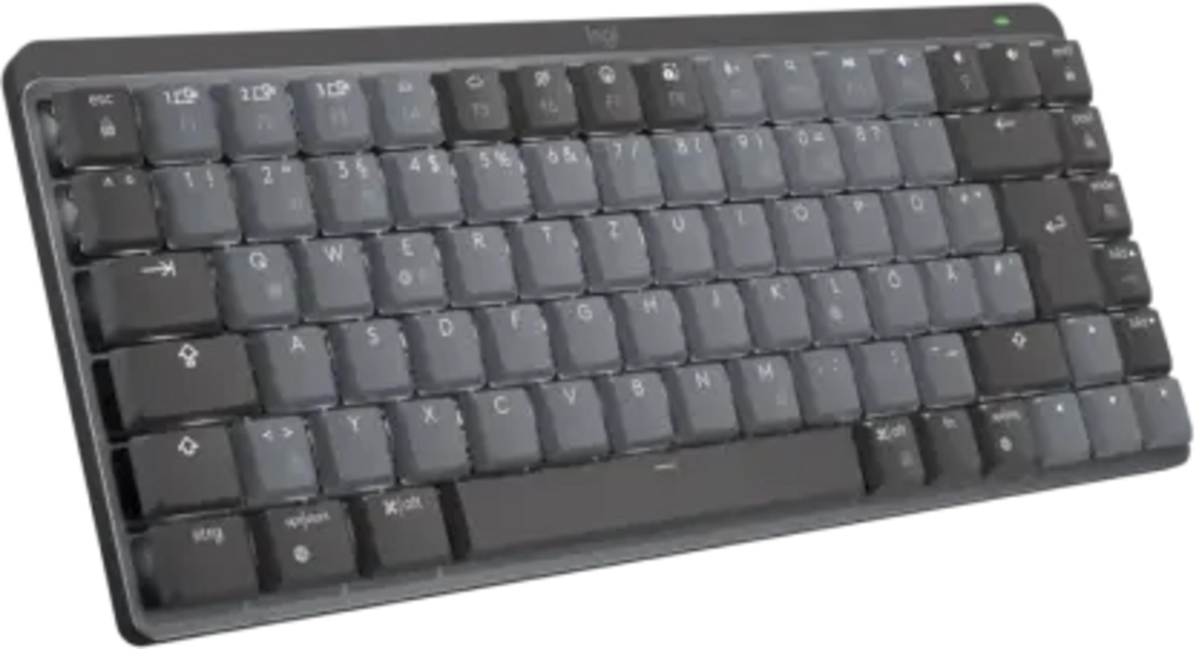 Eine kompakte, dunkle Tastatur mit grauen Tasten und hell beleuchteten Zeichen.