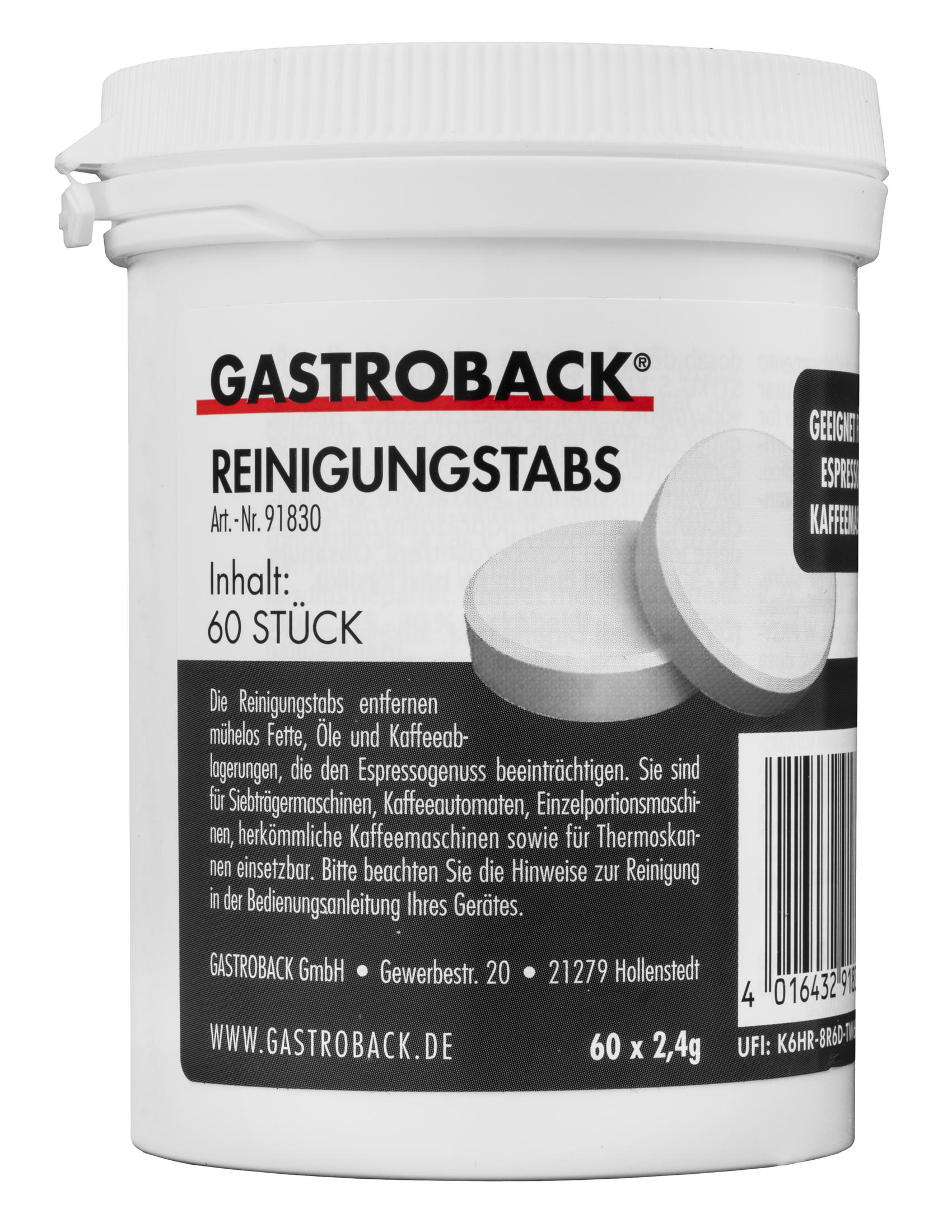Ein weißer Behälter mit Reinigungstabs von Gastroback, 60 Stück.