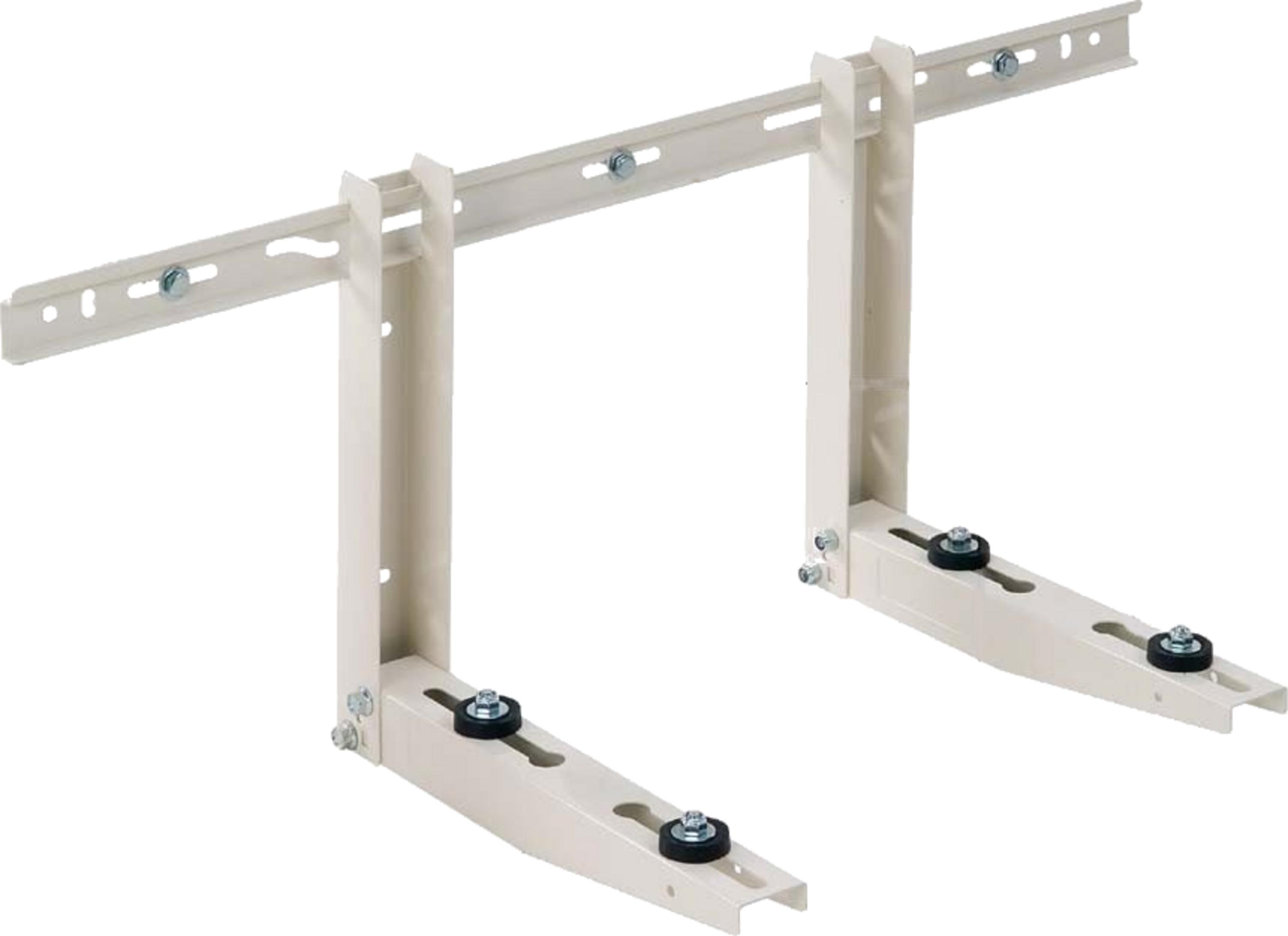 Biały metalowy wspornik ze śrubami i gumowymi tłumikami.