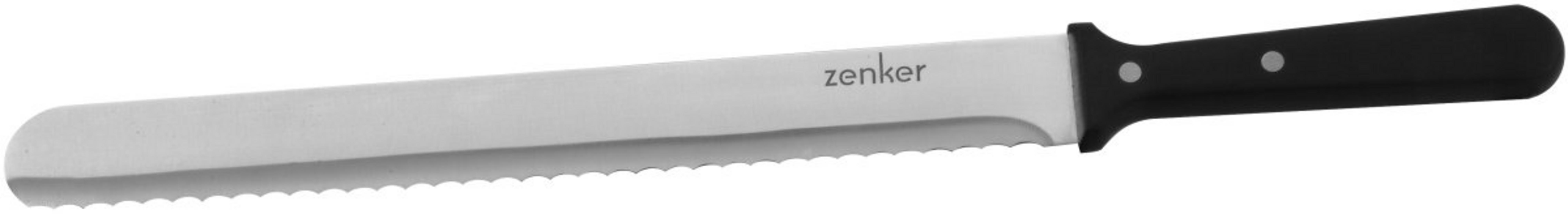 Ein langes Brotmesser mit schwarzem Griff und gezackter Klinge.