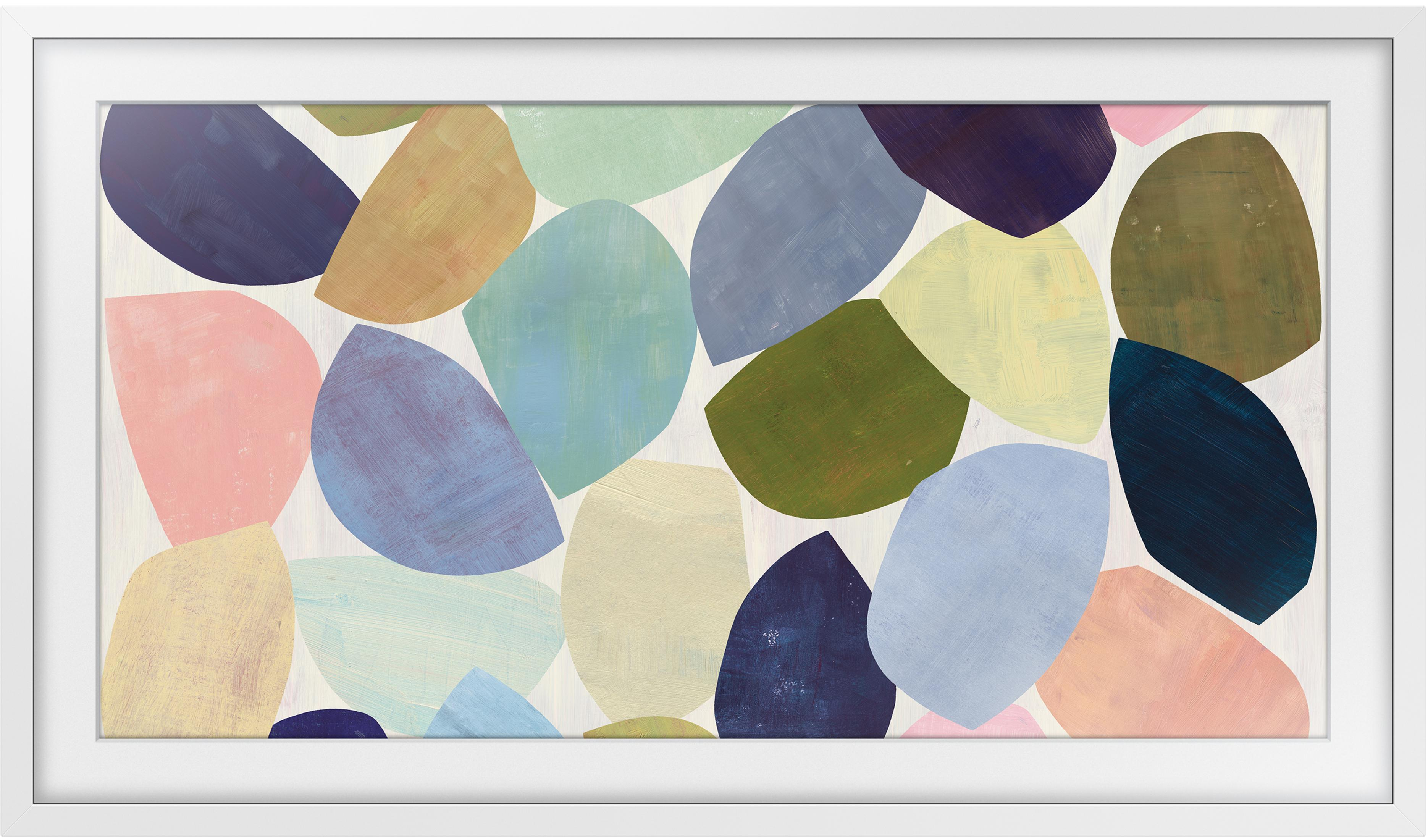 Abstract schilderij met overlappende organische vormen in blauw-, groen- en roze tinten.